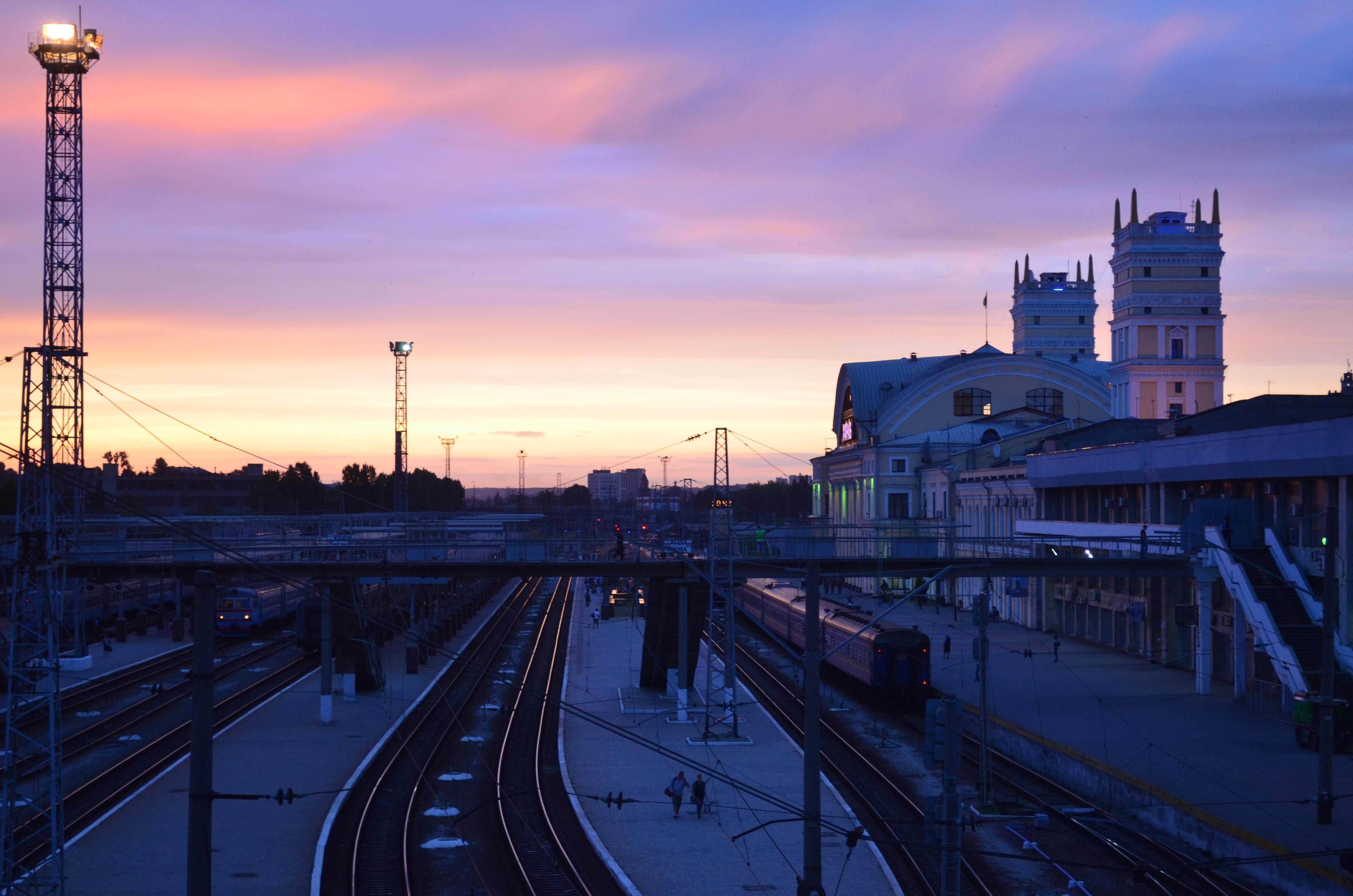 cloud - sky, building, railway, illustration, composition, orange, sunset, connection, shunting yard, 4K, transportation, built structure, mode of transportation, HD Wallpaper