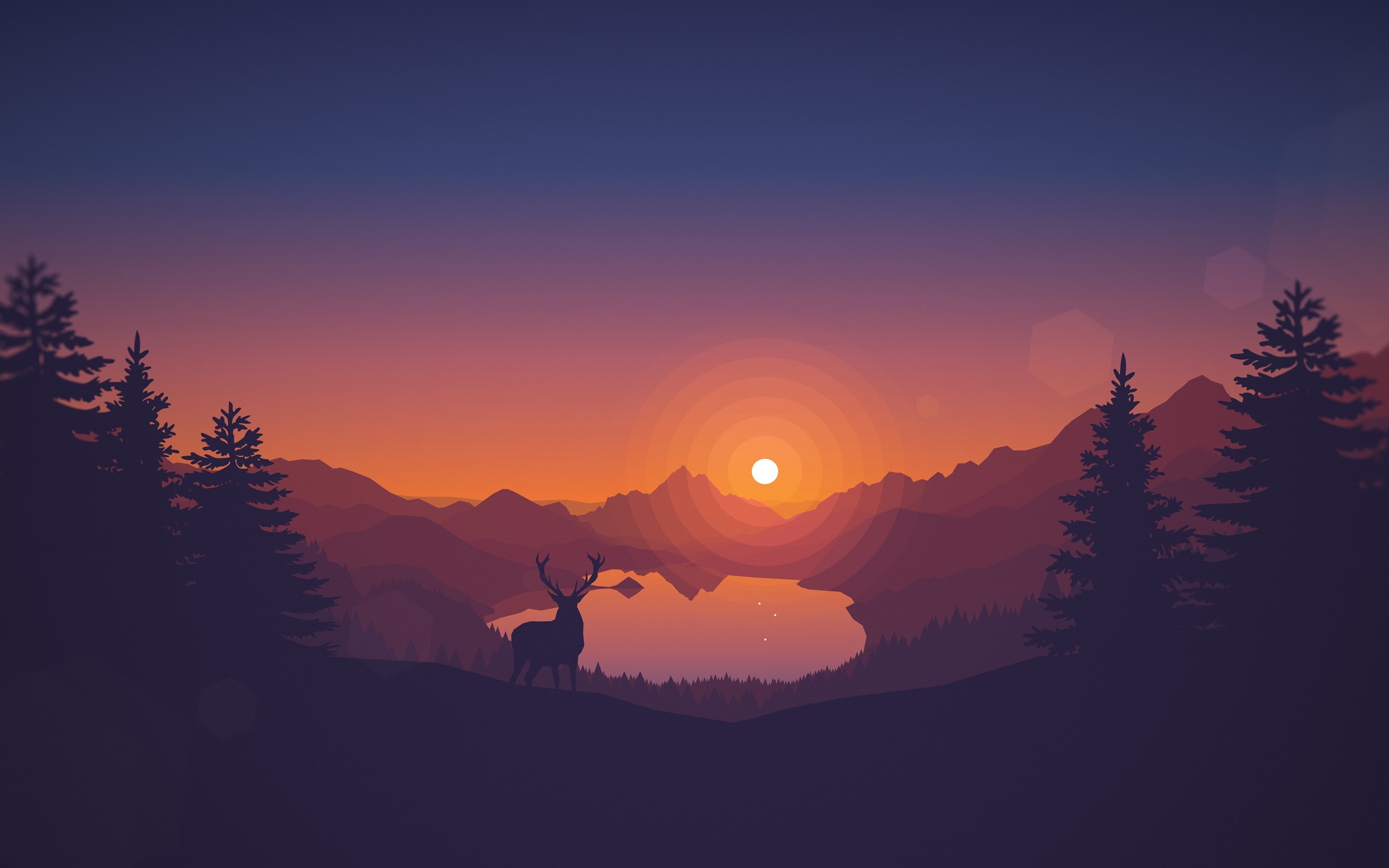 2K, flat landscape, sunset, lake, deer, Others, HD Wallpaper