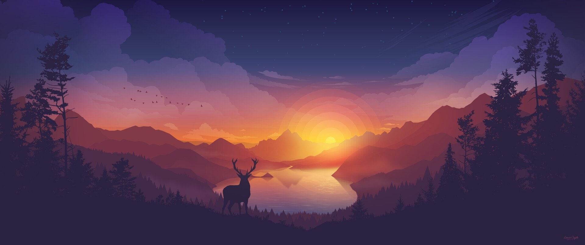 valley, landscape, elk, 1080P, colorscape, lake, sunset, forest, deer, HD Wallpaper