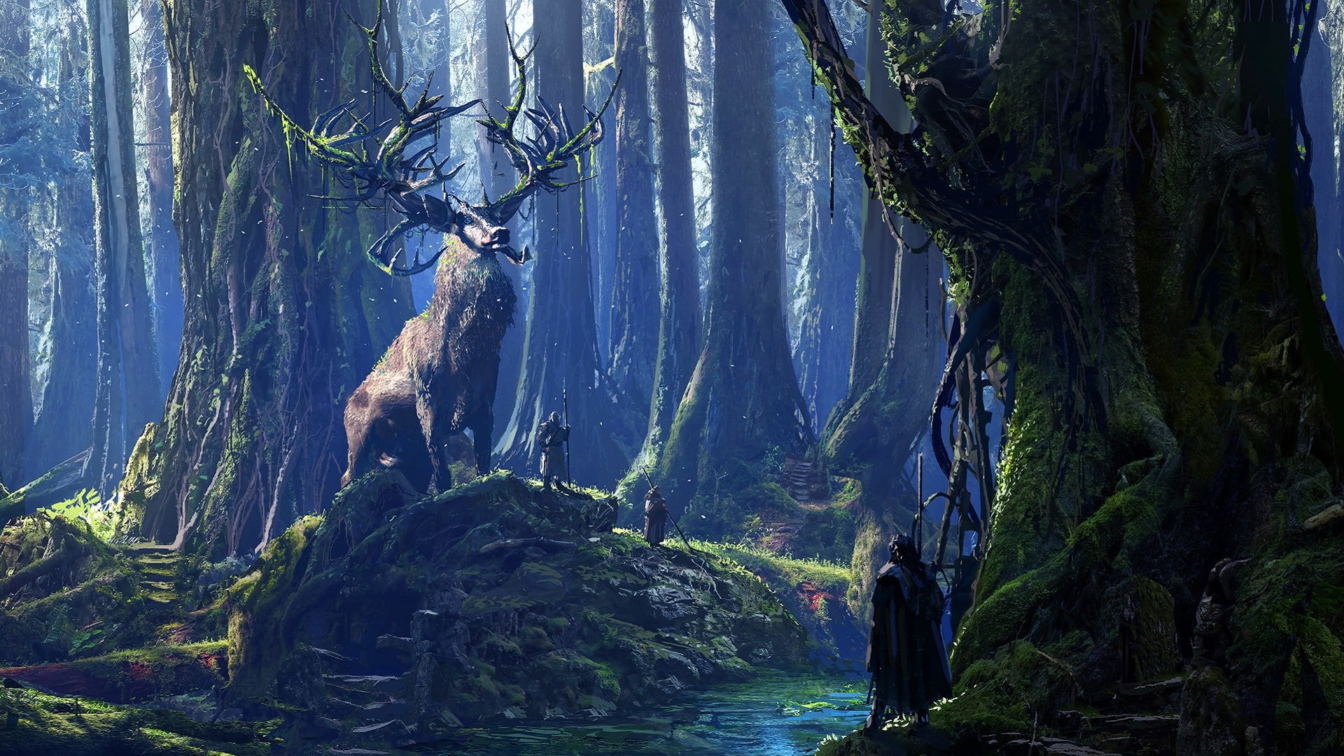 Stag, Druid, River, Fantasy, 1080P, Forest, Moss, HD Wallpaper