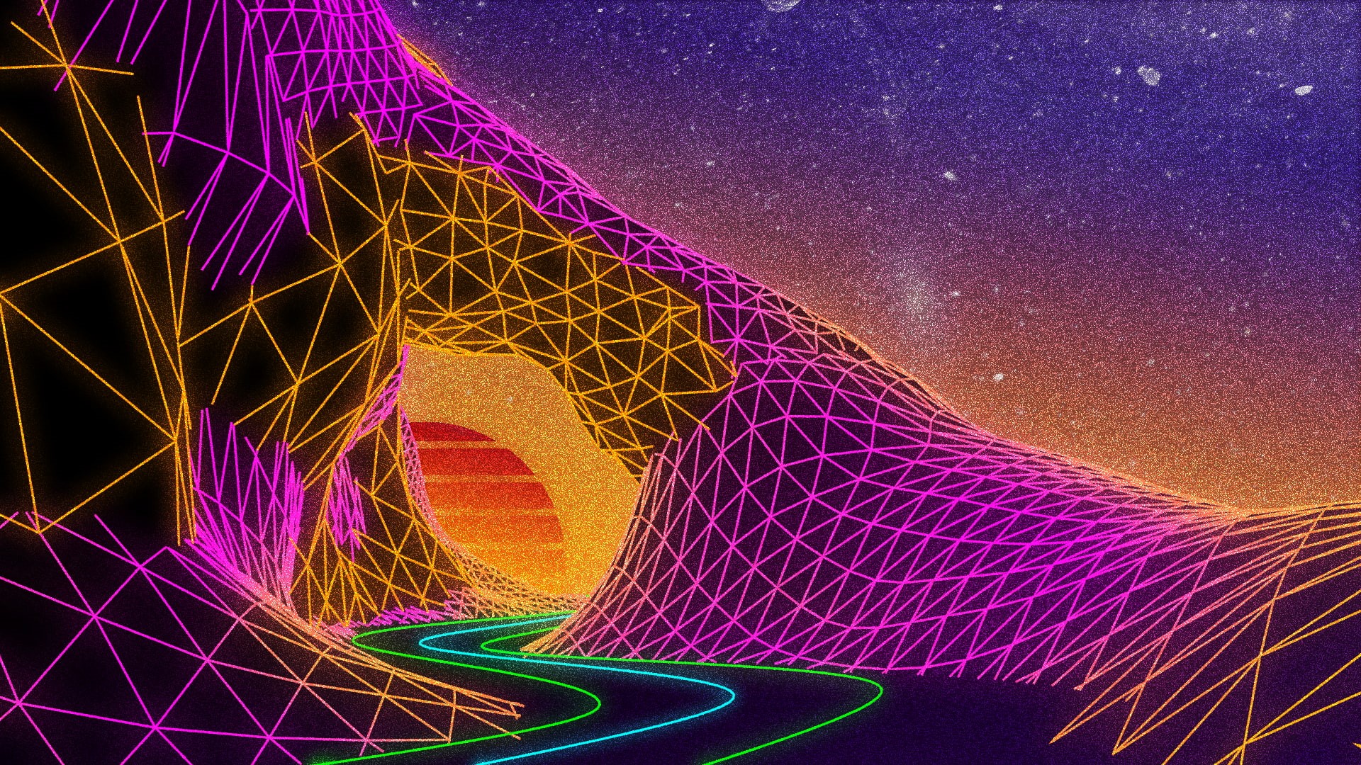 New Retro Wave, Sun, 1080P, wireframe, road, HD Wallpaper
