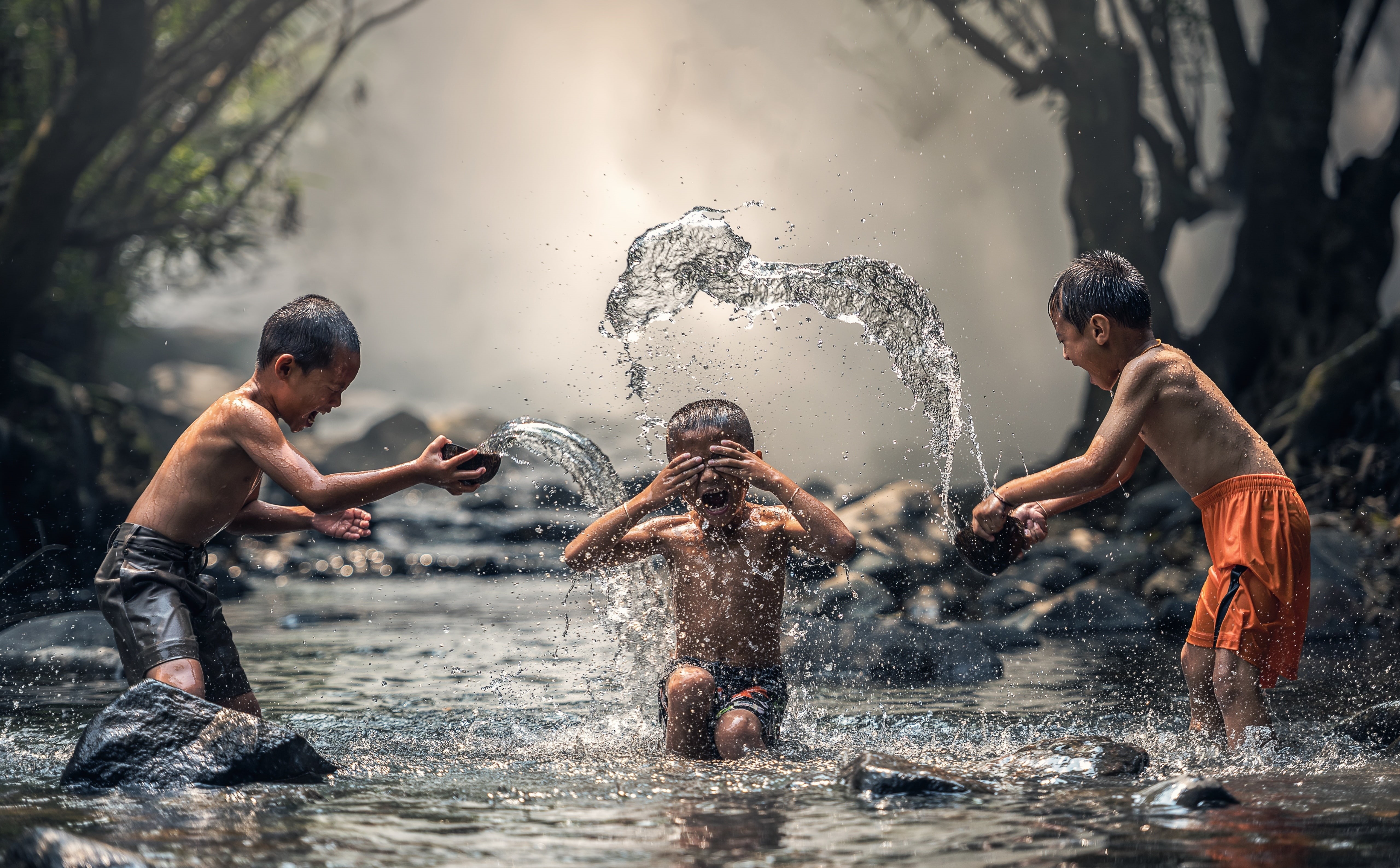 spraying, Bath, Friends, havingfun, Travel, group of people, Summer, Friendship, Creek, Asia, real people, Water, Rainforest, Children, wet, Young, s, kids, HD Wallpaper