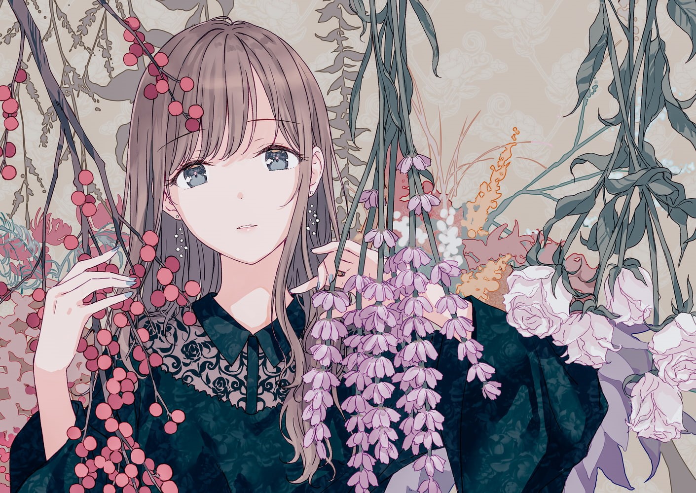 original characters, anime girls, illustration, branch, looking at viewer, long hair, flowers, 2D, sketches, portrait, digital art, 720P, earring, drawing, HD Wallpaper