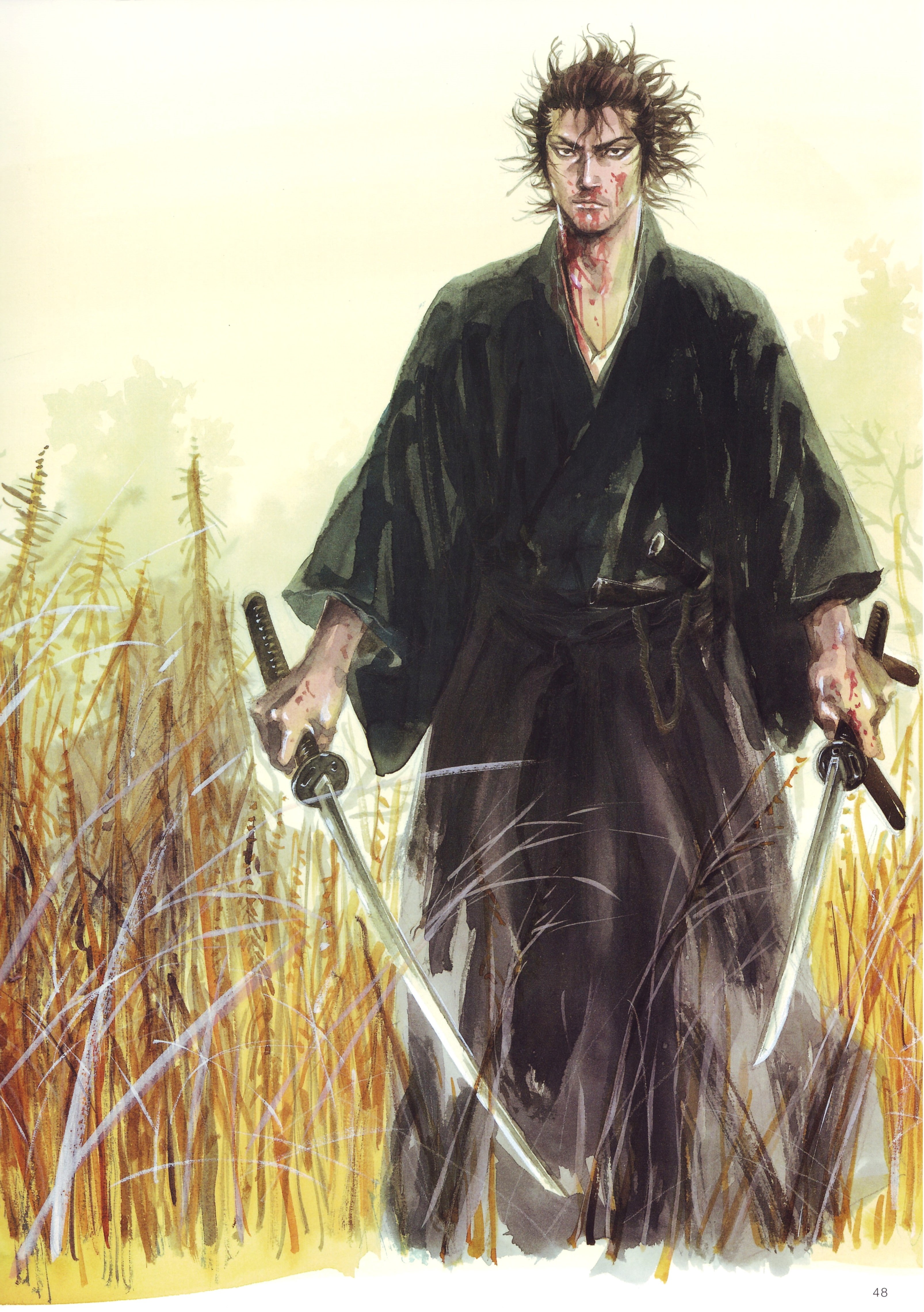 sword, history, grass, Vagabond: Water, fighting, adult, military, 4K, watercolor, men, Vagabond, plant, the past, manga sketch, uniform, outdoors, clothing, Phone HD Wallpaper