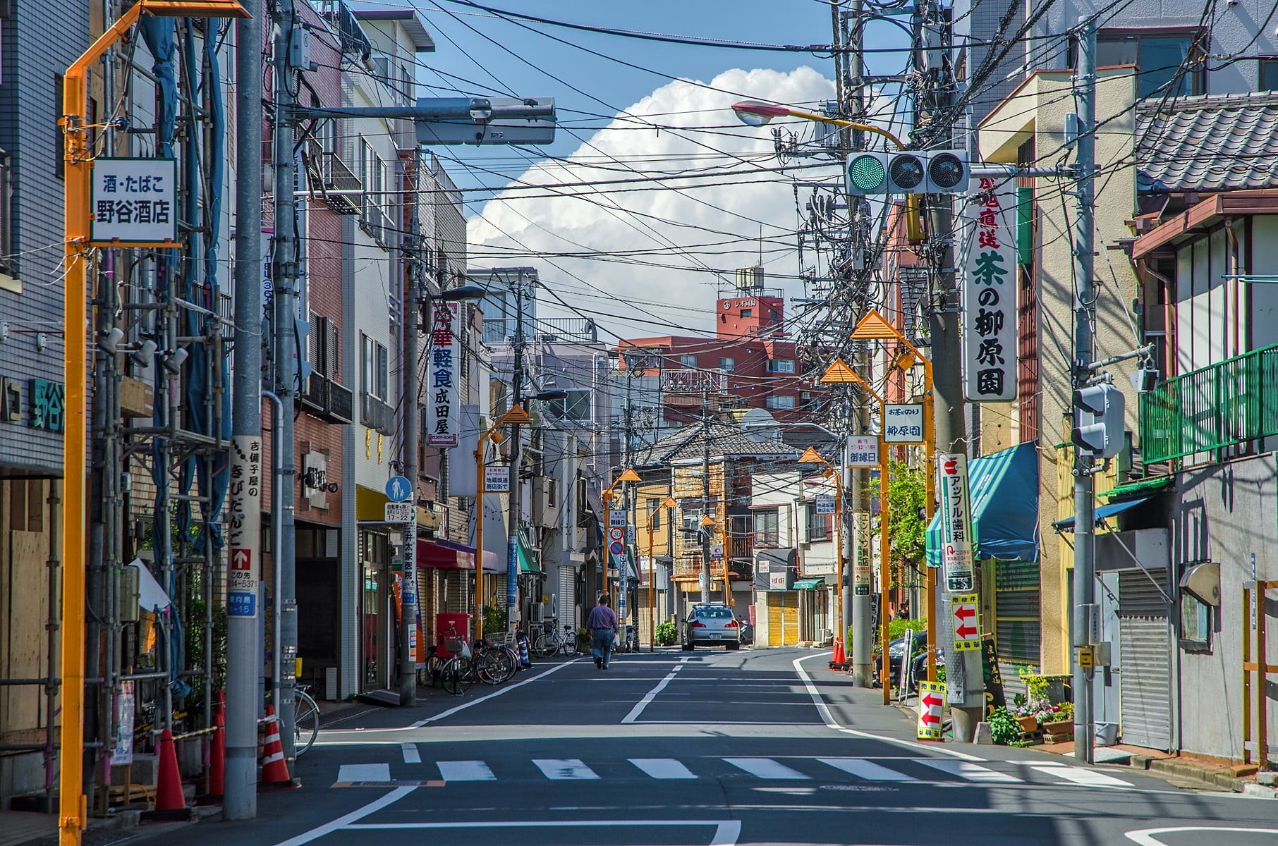 outdoors, city, street, built structure, sky, Tokyo, architecture, motor vehicle, mode of transportation, building, road marking, power supply, clouds, HD Wallpaper
