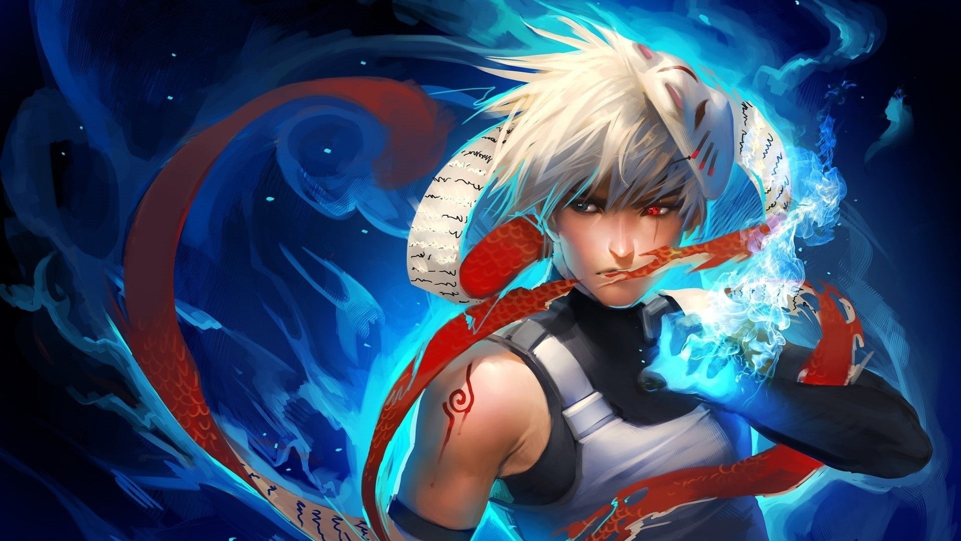 white, naruto, art, 1080P, hd, Kakashi Hatake, masks, chakra, anbu, anime, kakashi, white hair, Naruto: Shippuden, shippuden, Sharingan, hair, hatake, HD Wallpaper