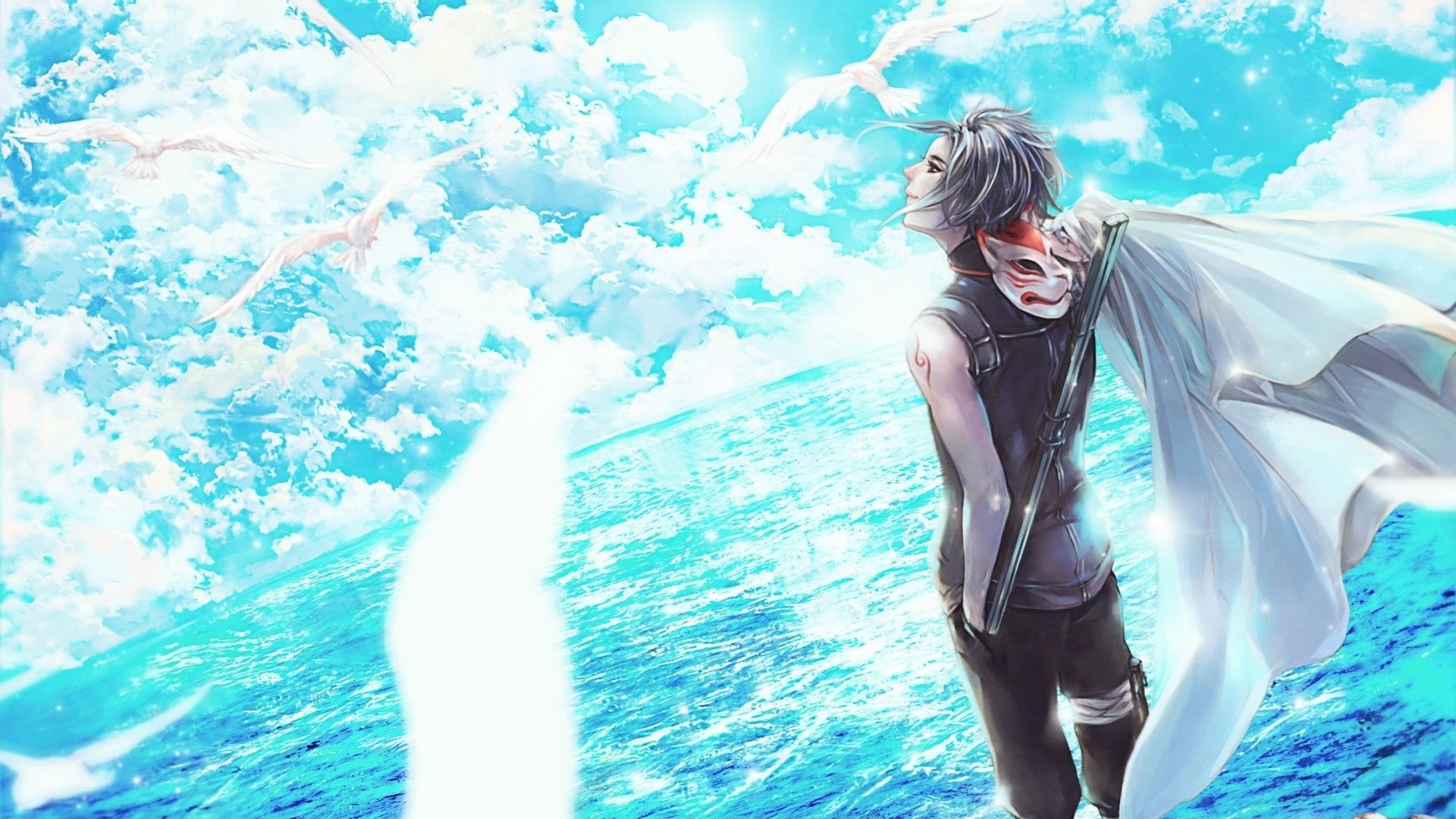 blue, Bird, young adult, outdoors, three quarter length, adult, Anime, Man, weekend activities, hairstyle, Sea, one person, digital, day, women, HD Wallpaper