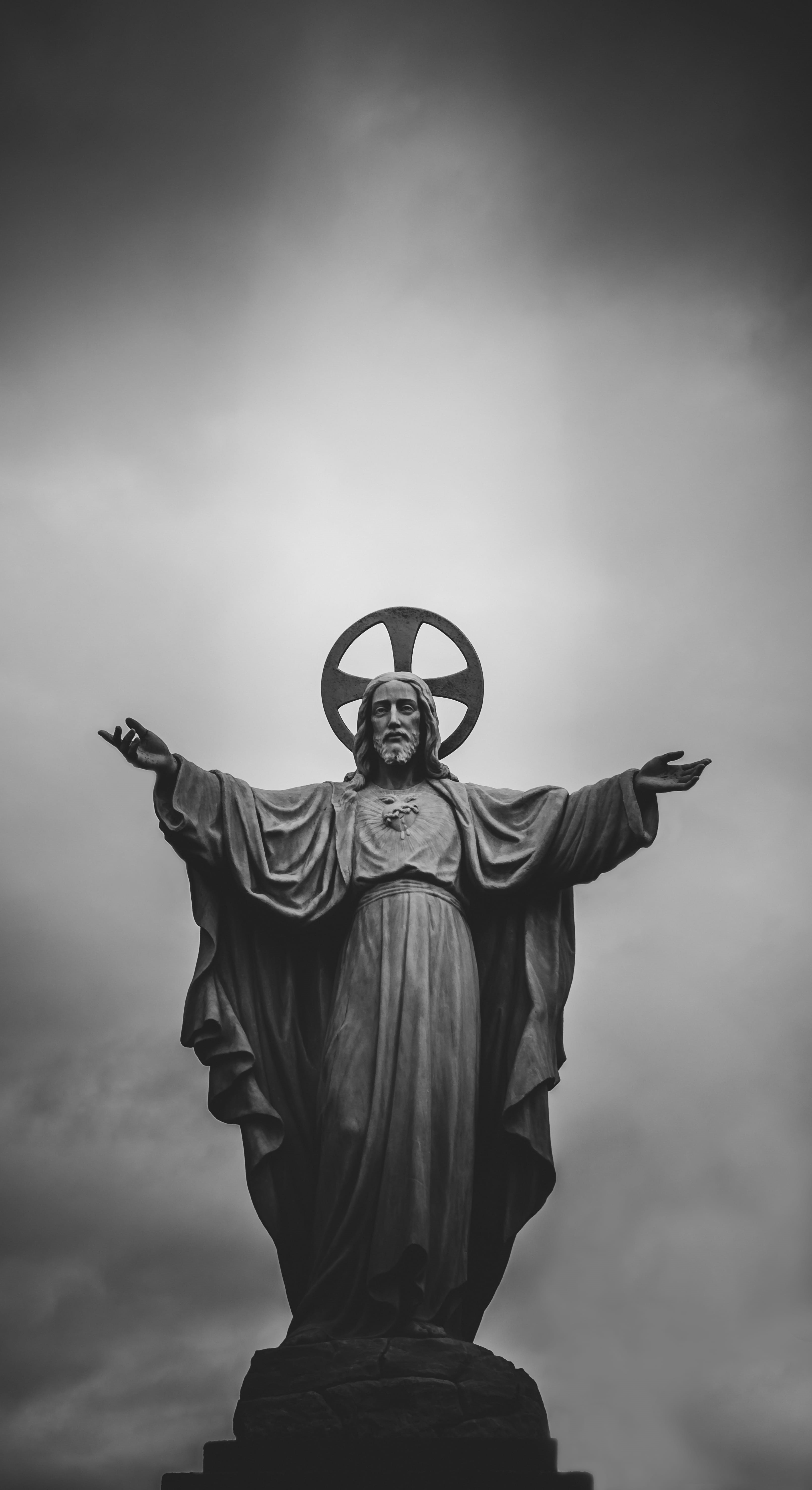 human representation, jesu, cloud - sky, male likeness, nature, sky, angel, christ, spirituality, worship, art, grayscale, creativity, belief, halo, marín, Phone HD Wallpaper