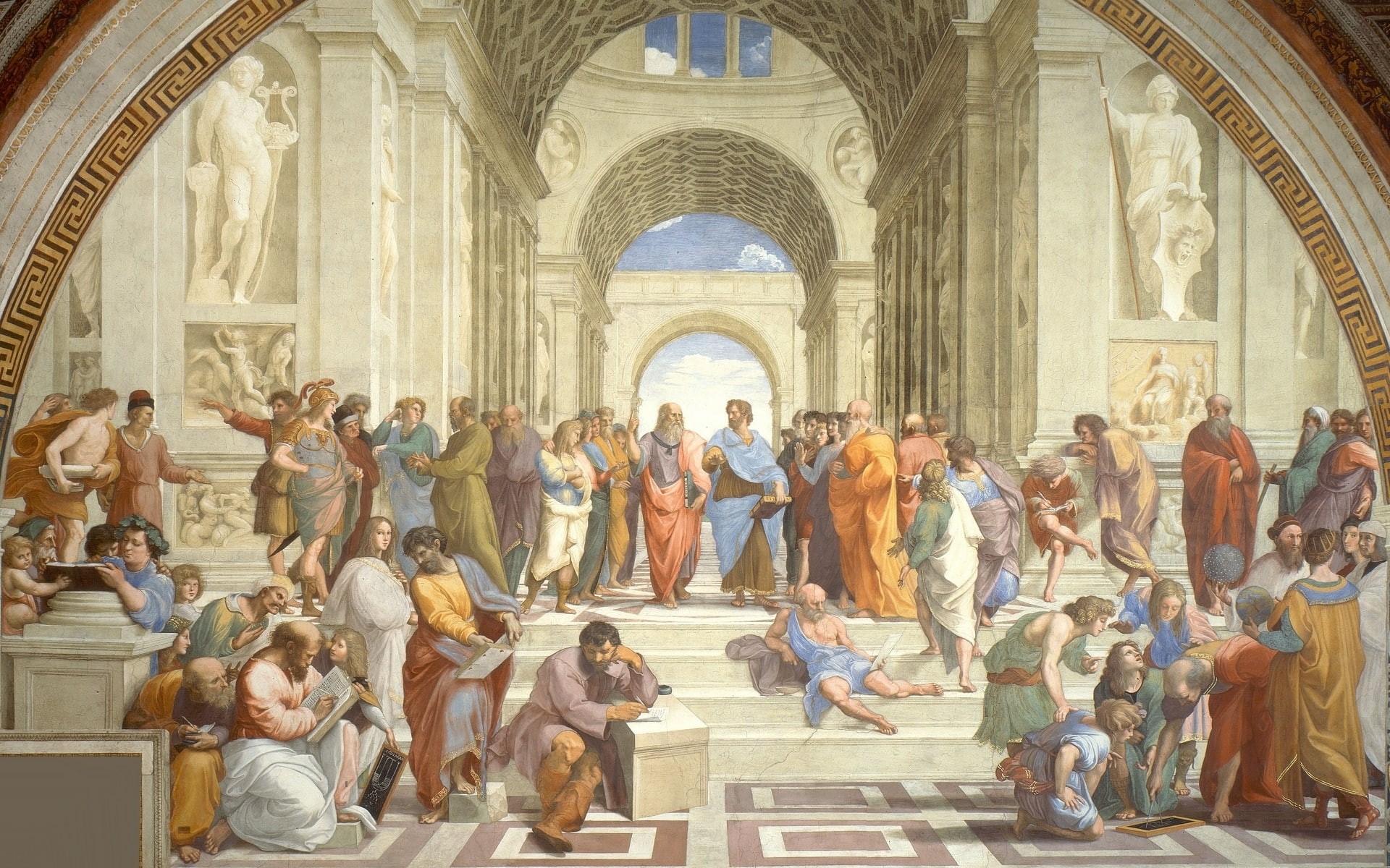 Epicurus, Socrates, Plato, Hypatia, place of worship, Rafael, built structure, religion, Aeschines, gathered, praying, picture, building, Raphael Santi, HD Wallpaper