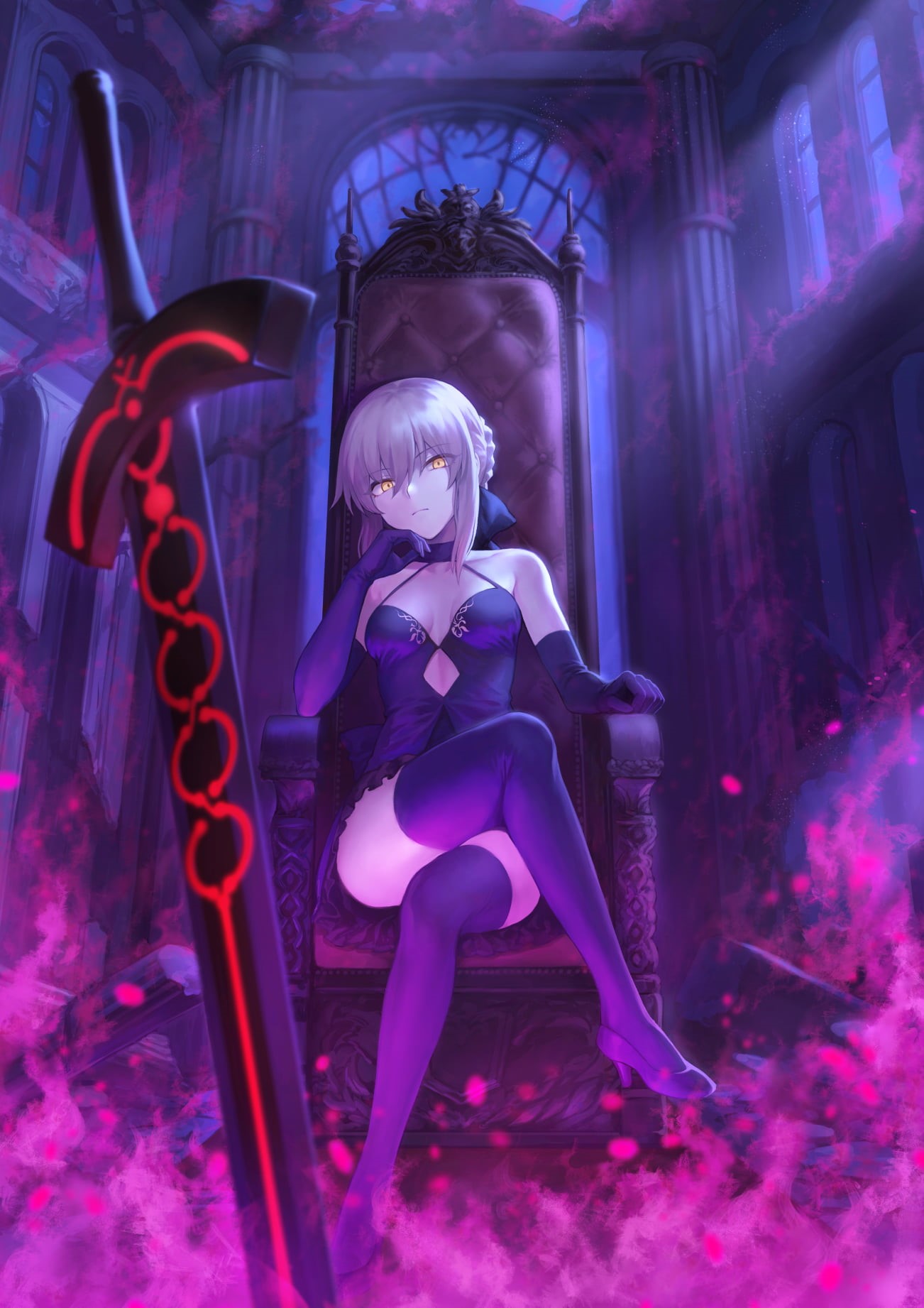 anime, 720P, stockings, Saber Alter, Fate/Grand Order, anime girls, yellow eyes, legs crossed, mashu_003, Phone HD Wallpaper
