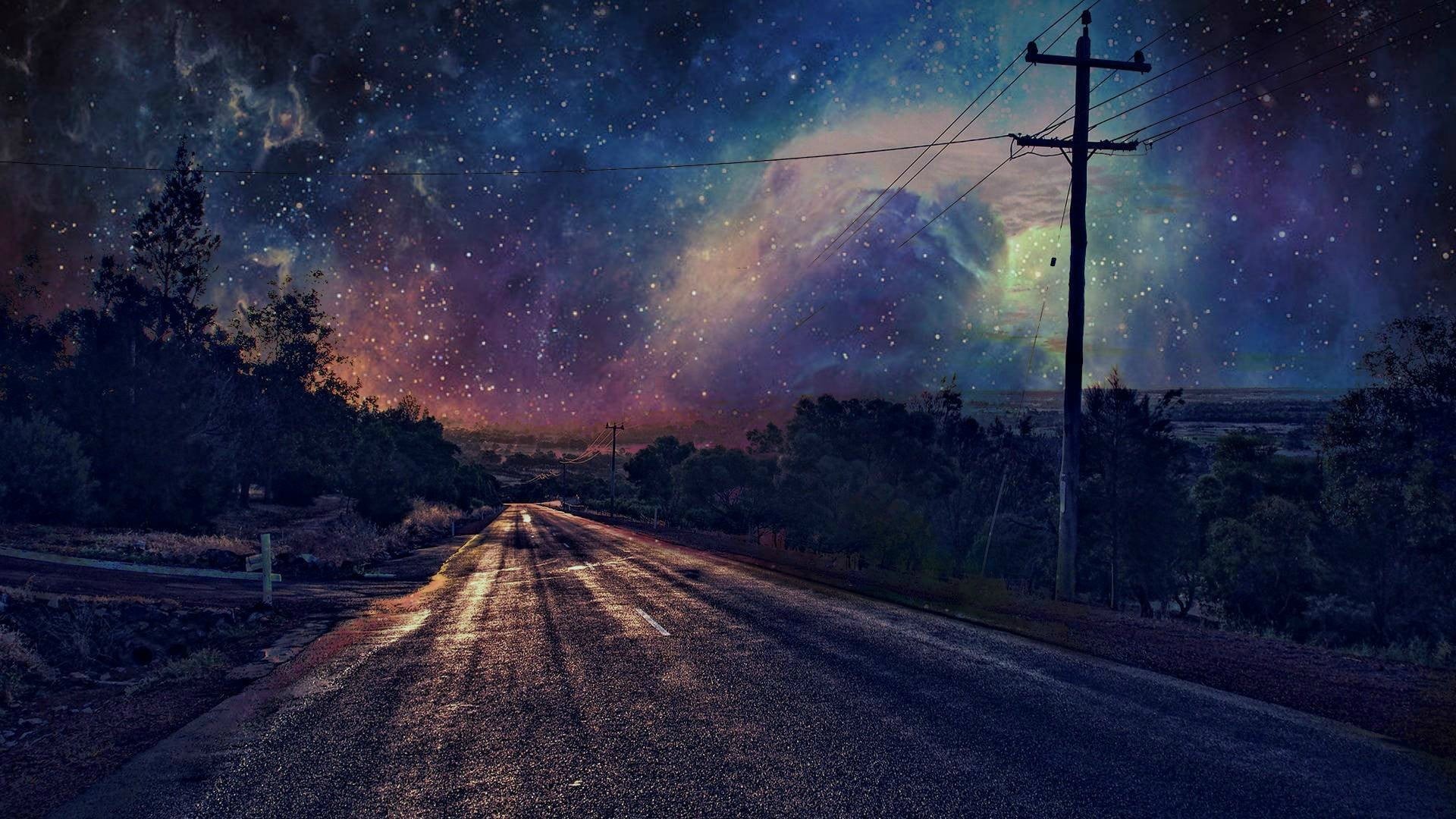 dusk, sky, outdoors, connection, telephone line, diminishing perspective, stars, electric, tree, power lines, 1080P, traffic, plant, rural Scene, night, HD Wallpaper