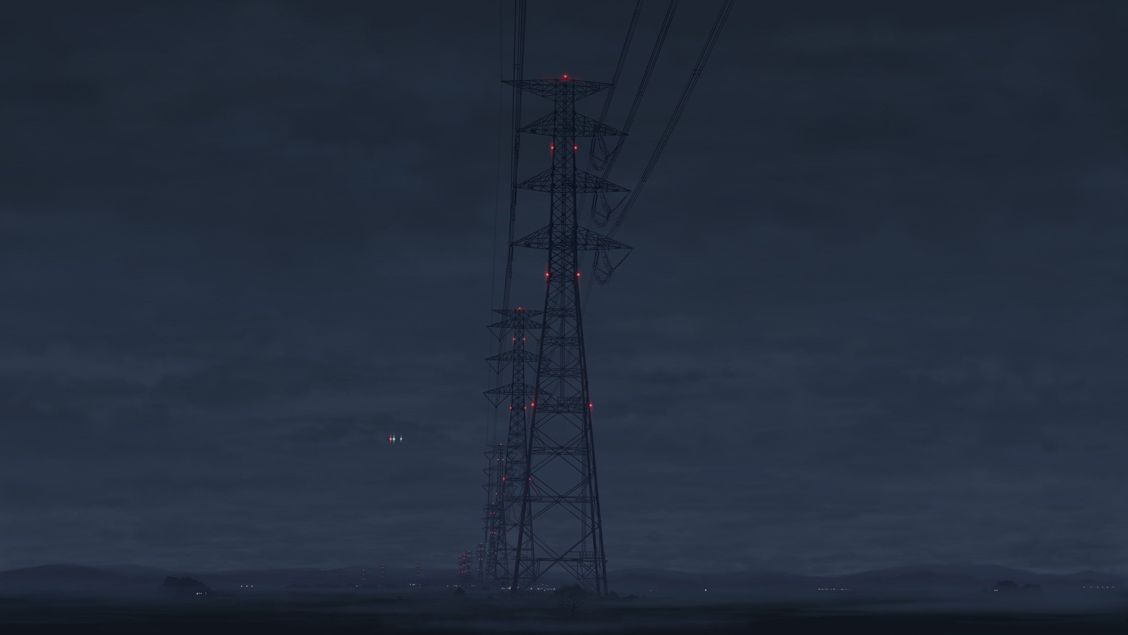 power lines, night, utility pole, electricity, 1080P, HD Wallpaper