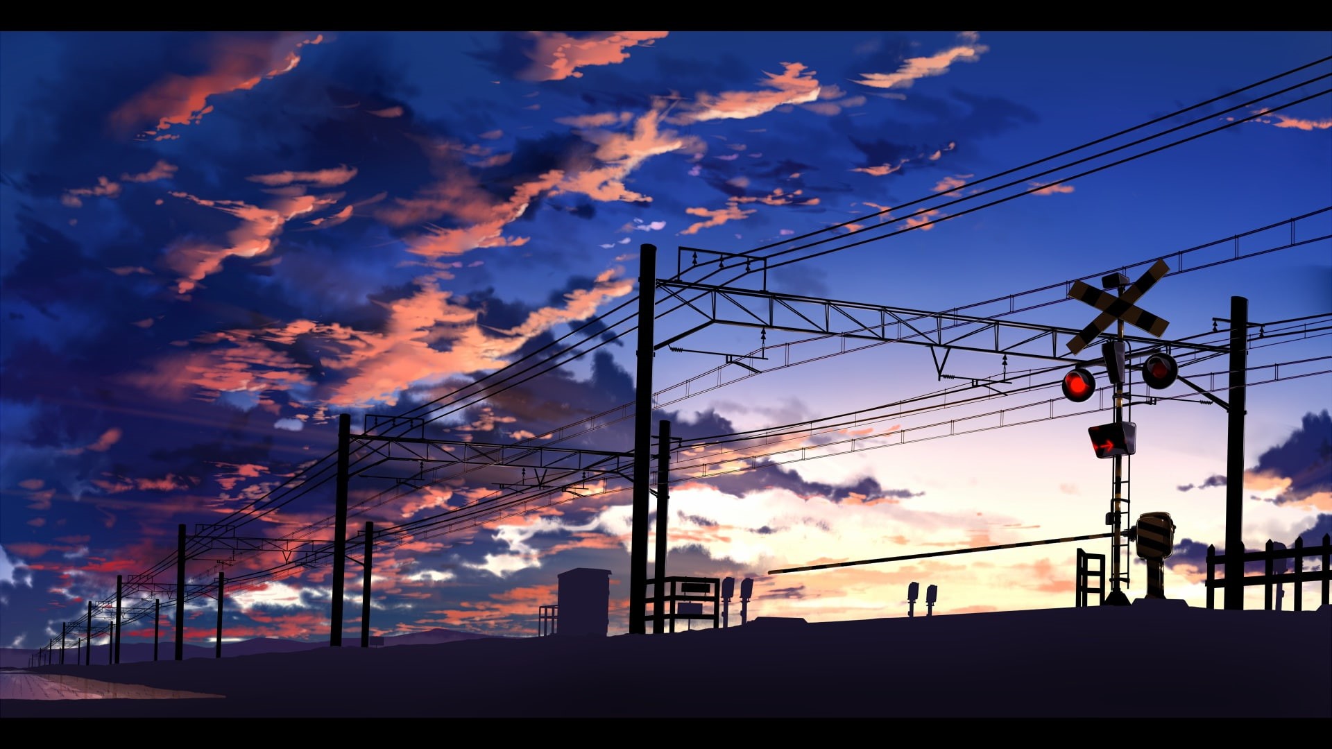 outdoors, anime, transportation, sky, built structure, dusk, electricity, complexity, power line, Utility Pole, Train Station, clouds, architecture, low angle view, HD Wallpaper