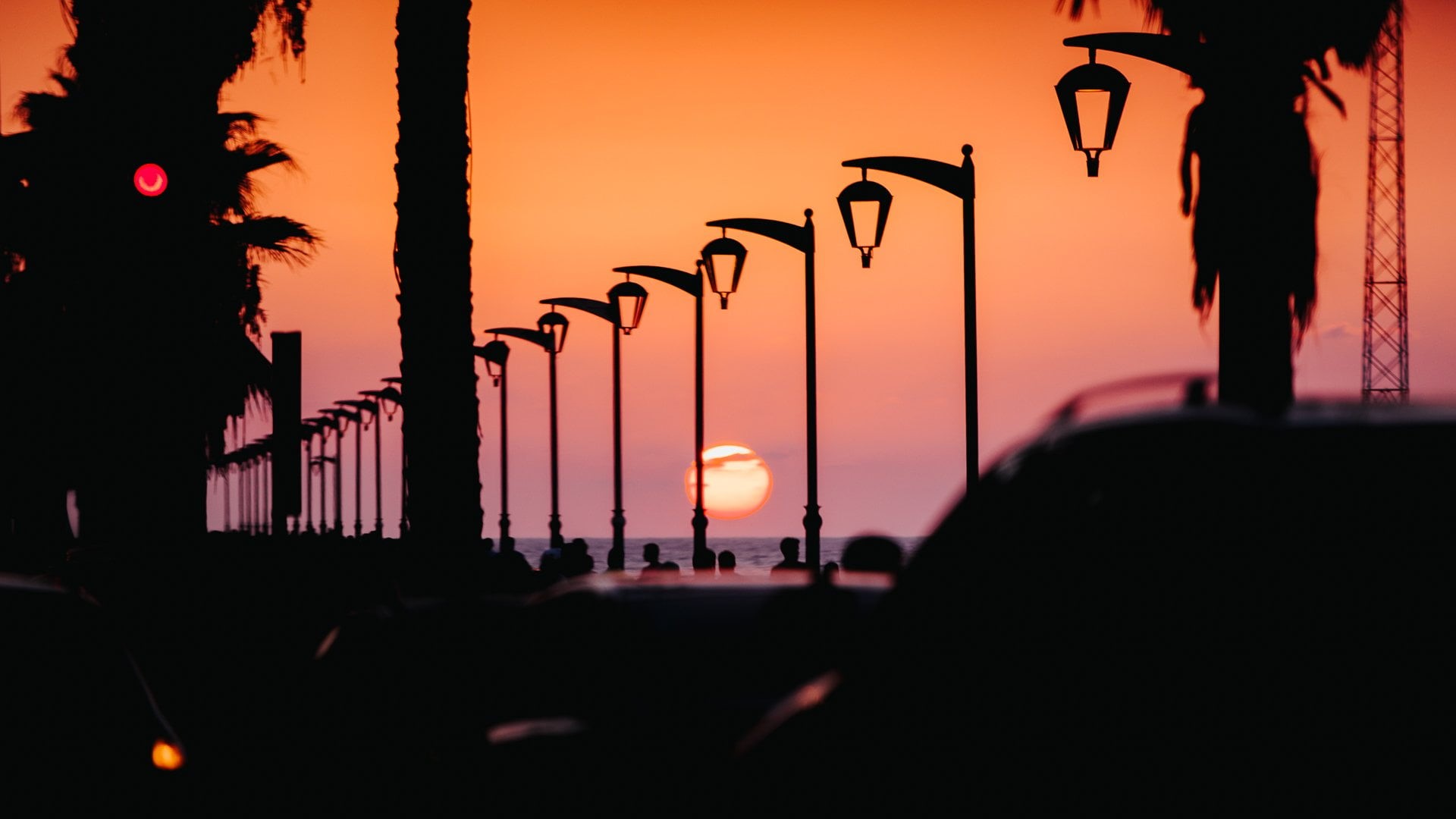 no people, selective focus, transportation, sky, orange color, illuminated, street light, beach, silhouette, sunset, dusk, built structure, mode of transportation, HD Wallpaper
