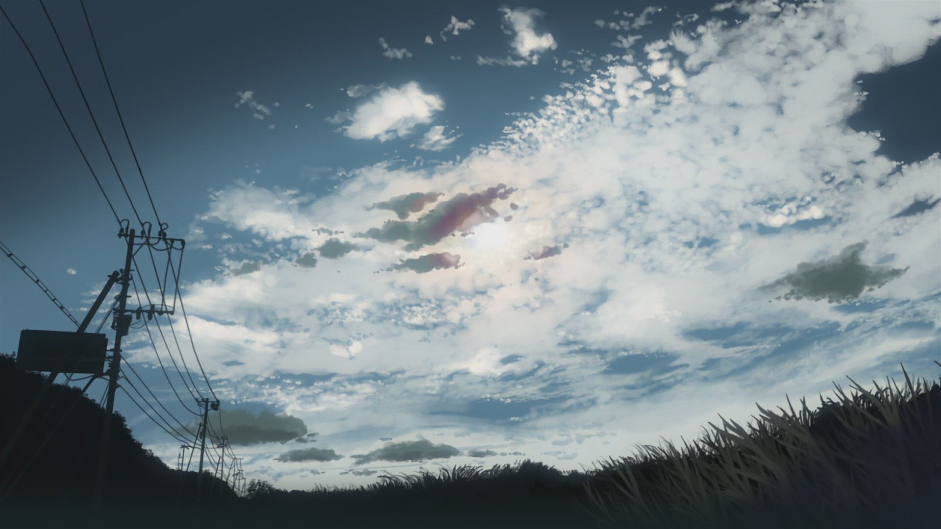 tranquil scene, grass, utility, anime, cloud - sky, power line, 5 Centimeters Per Second, technology, connection, power lines, utility pole, electricity pylon, HD Wallpaper