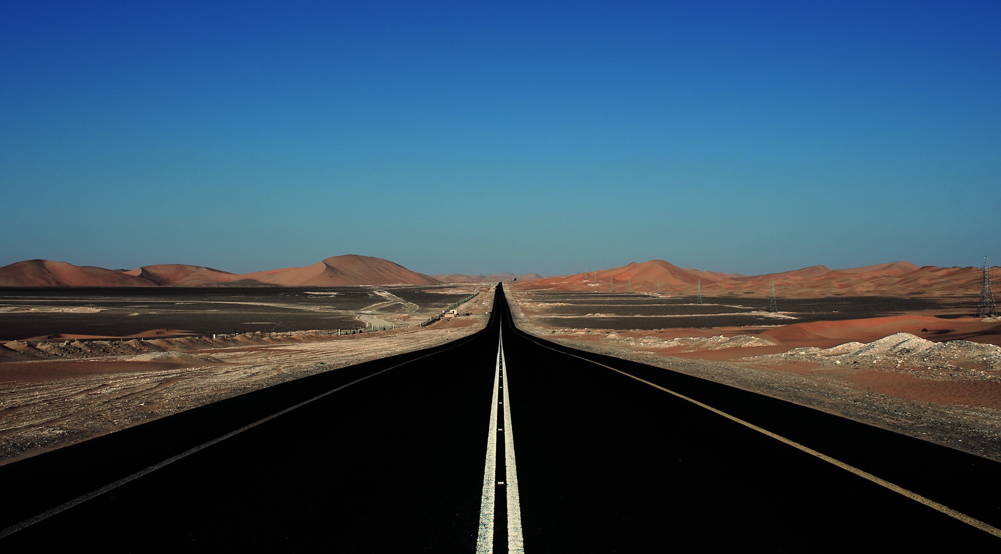 valley, tranquil scene, nature, arid climate, daytime, transportation, scenics - nature, sky, desert, blue, mountain, death, minimalism, vanishing point, HD Wallpaper