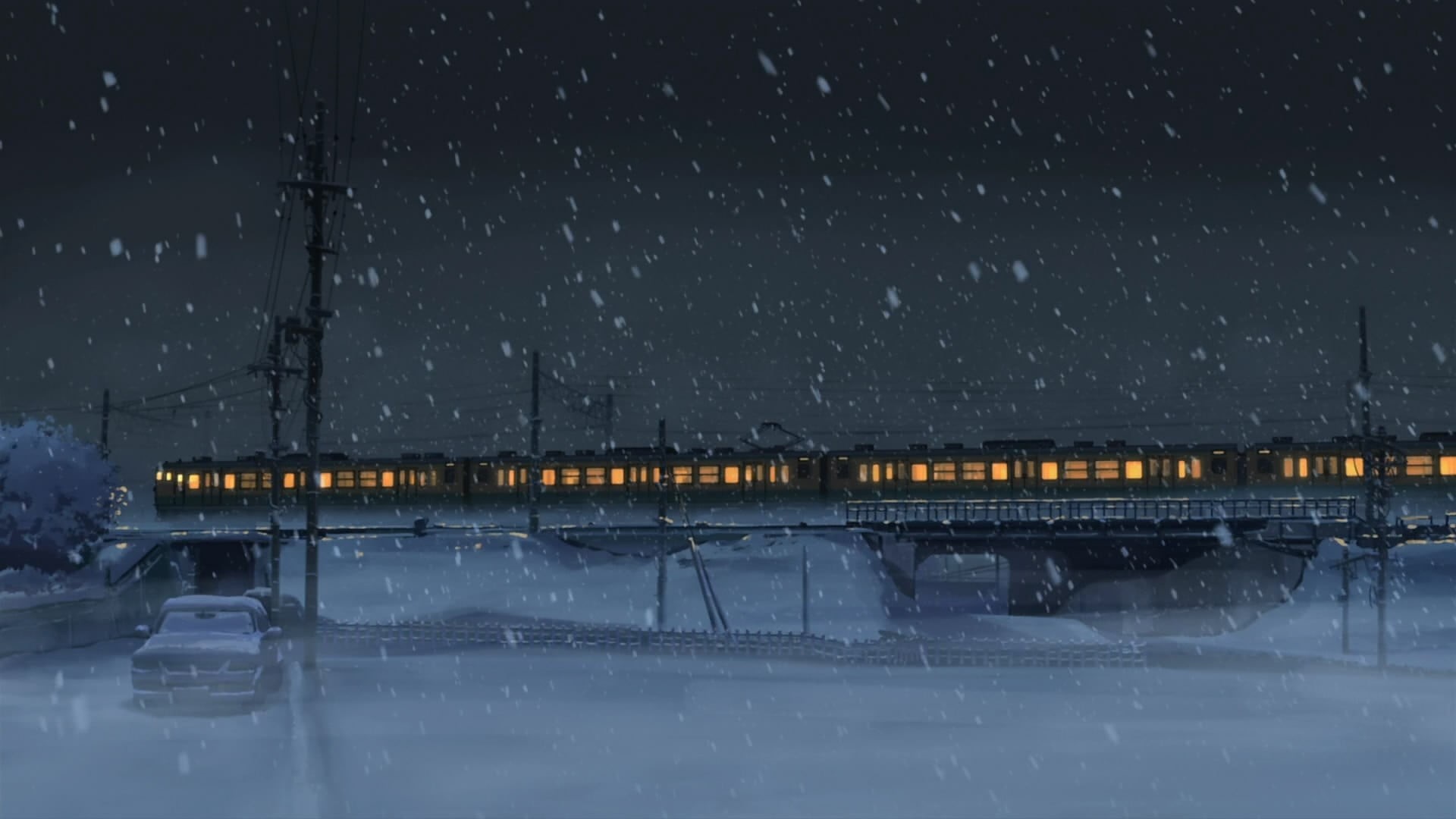 black, transportation, outdoors, rail transportation, train, 1080P, winter, nature, mode of transportation, public transportation, snow, 5 Centimeters Per Second, HD Wallpaper