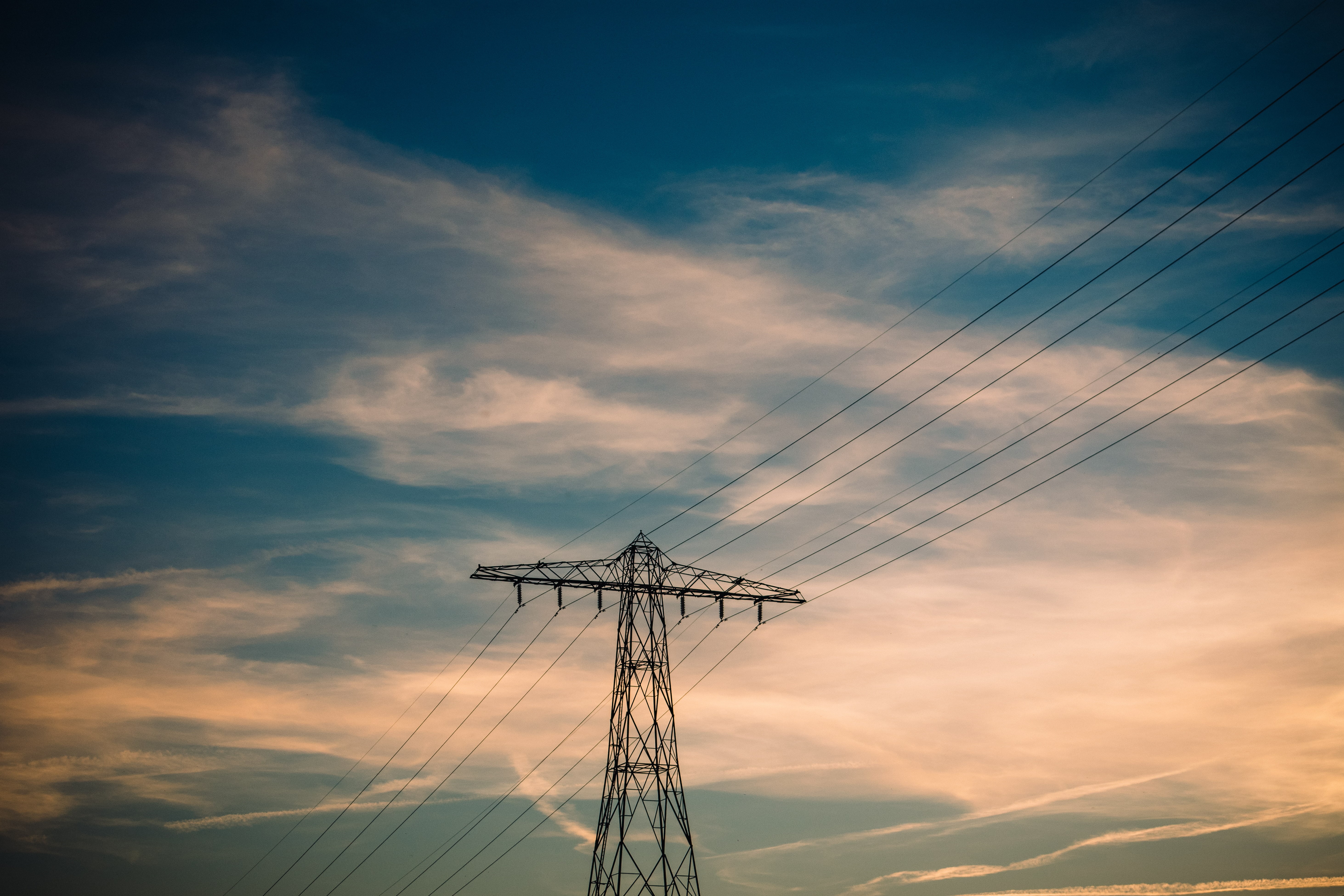 5K, blue, utility pole, sky, photography, clouds, electricity cable, HD Wallpaper