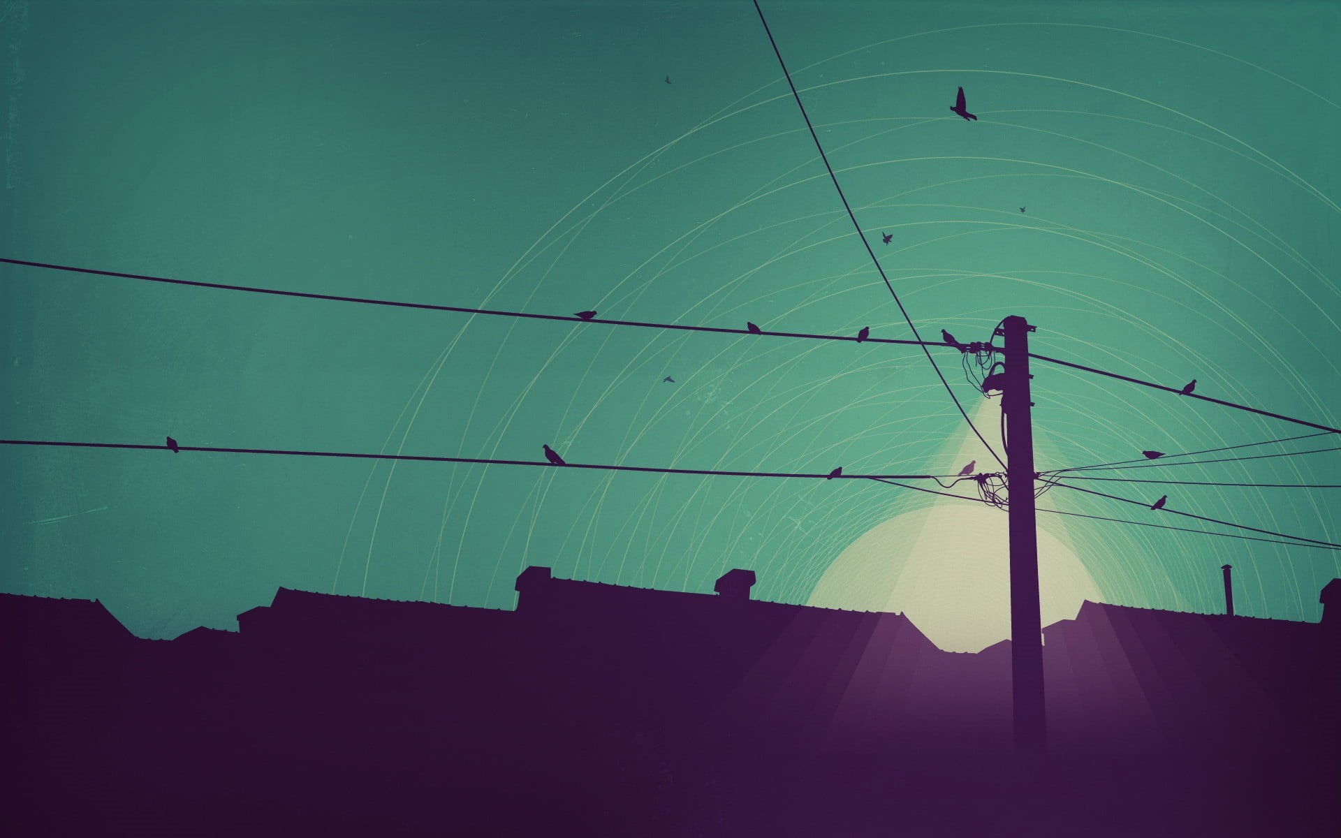 power line, sky, electricity pylon, outdoors, complexity, digital art, minimalism, day, lights, electricity, connection, technology, animal themes, utility pole, HD Wallpaper