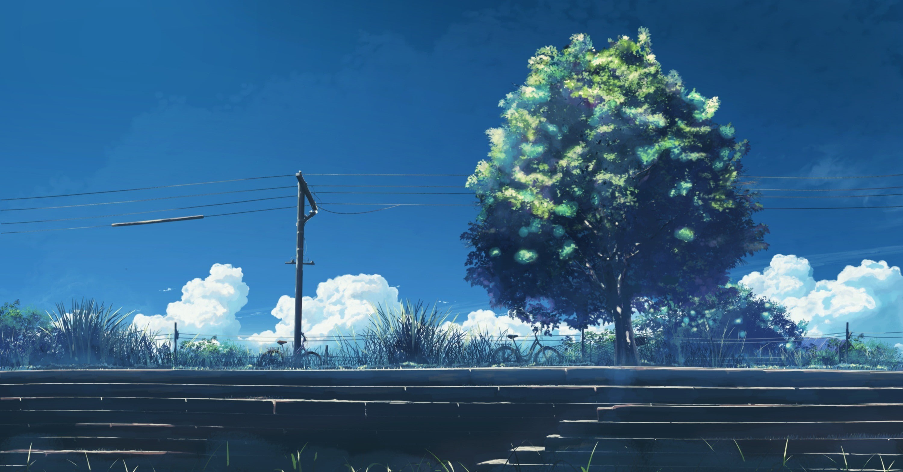 building exterior, power supply, tree, plant, sky, 2K, utility pole, architecture, beauty in nature, cable, outdoors, sunlight, power lines, trees, anime, HD Wallpaper