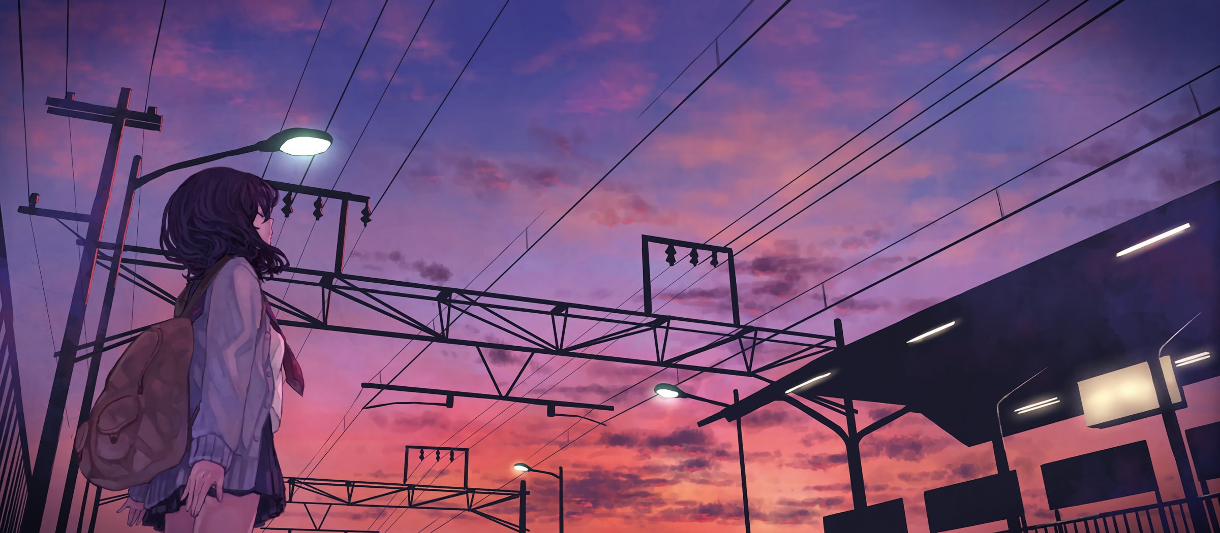 sunset, built structure, cable, 1080P, cloud - sky, nature, one person, business, power supply, occupation, industry, electricity, city, purple, power line, HD Wallpaper