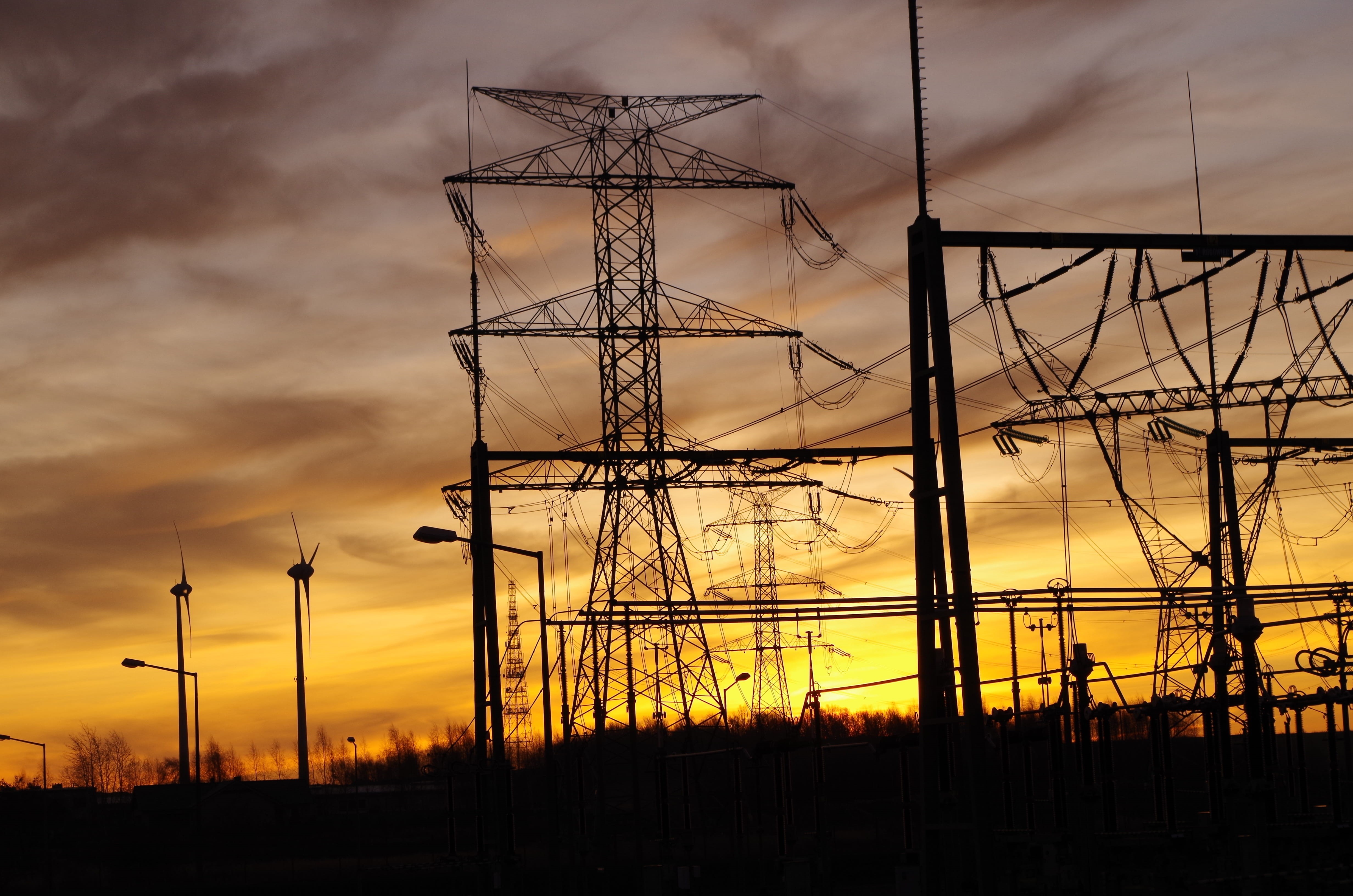 complexity, built Structure, sunset, dusk, power, metal, high-voltage line, transformer, outdoors, environment, in A Row, sky, fuel and Power Generation, HD Wallpaper