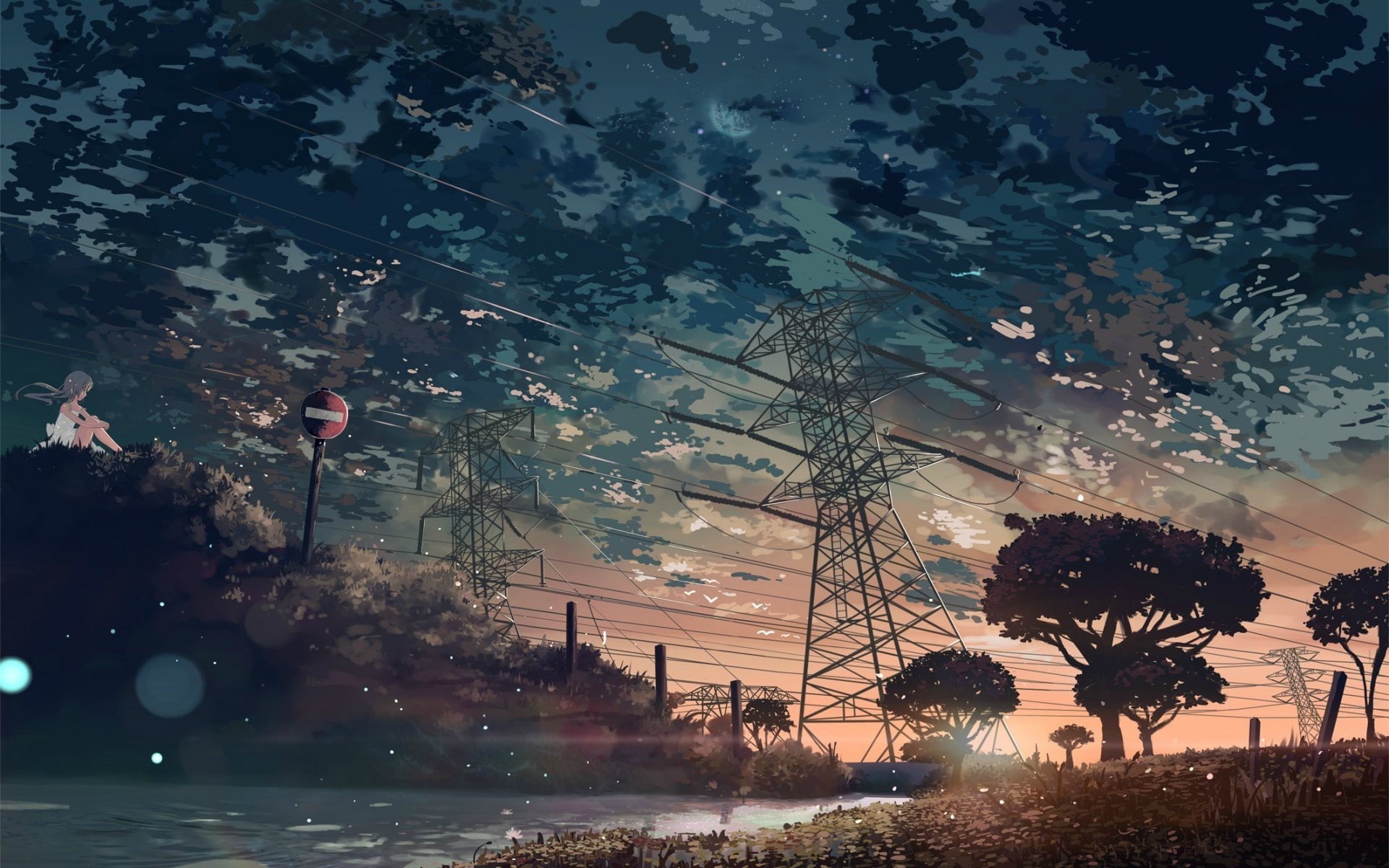 anime girls, nature, sky, 1080P, power lines, anime, trees, HD Wallpaper