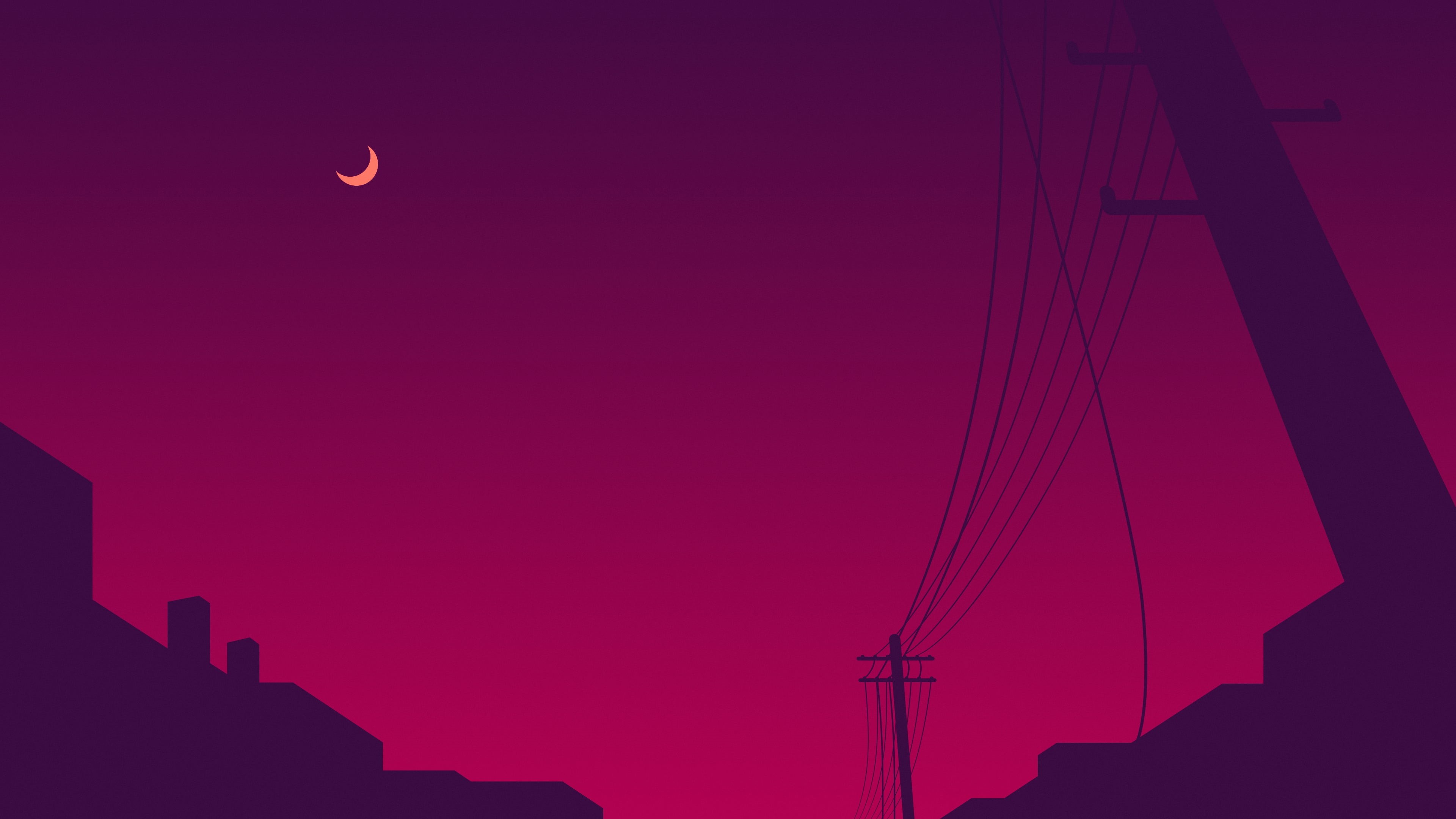 full moon, minimalism, power Line, city, sunset, built Structure, connection, electricity, technology, white, silhouette, dusk, purple, electricity pylon, HD Wallpaper