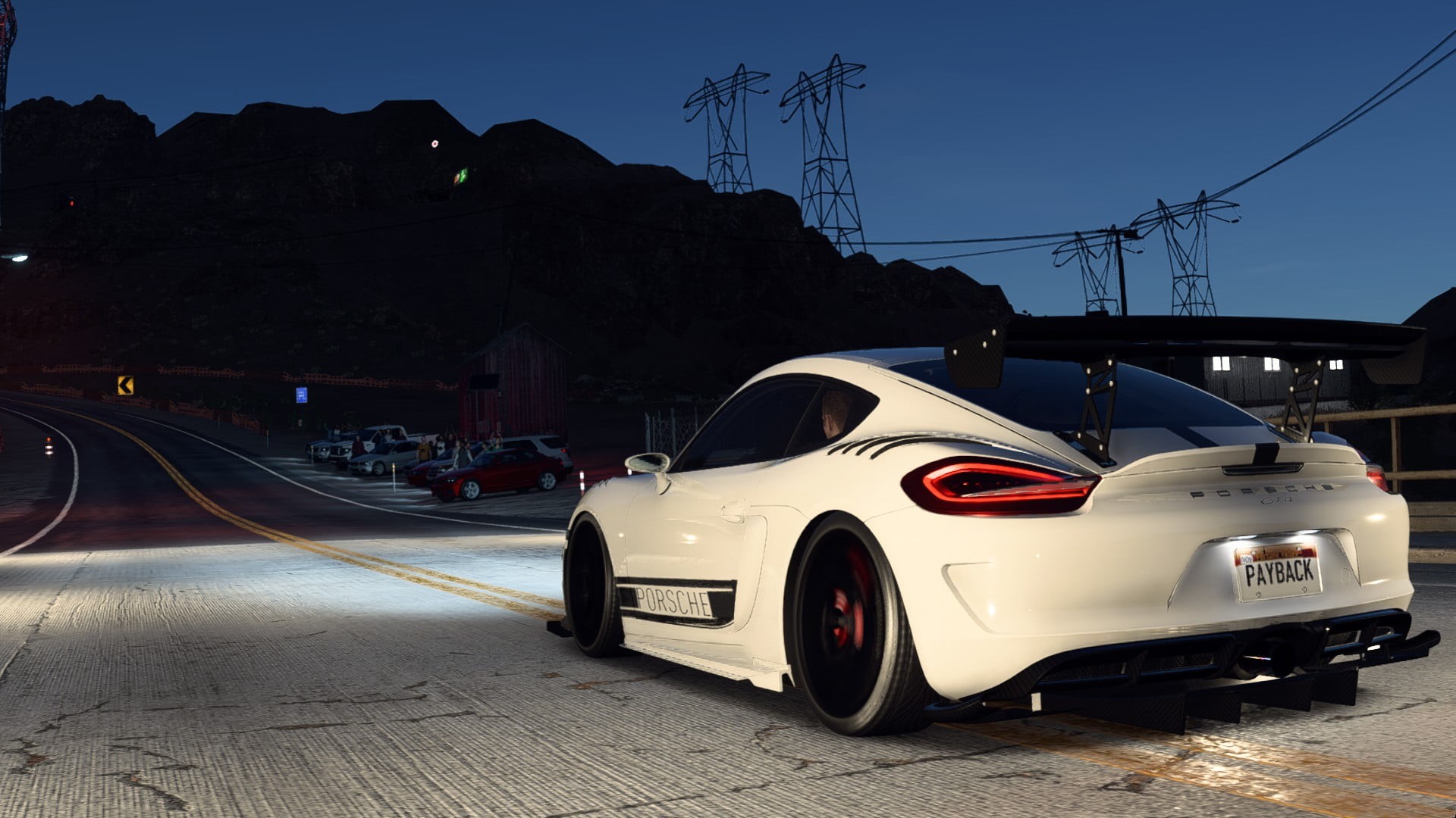 Porsche Cayman GT4, screen shot, mode of transportation, technology, street, nature, architecture, motor vehicle, road, cable, electricity pylon, no people, HD Wallpaper