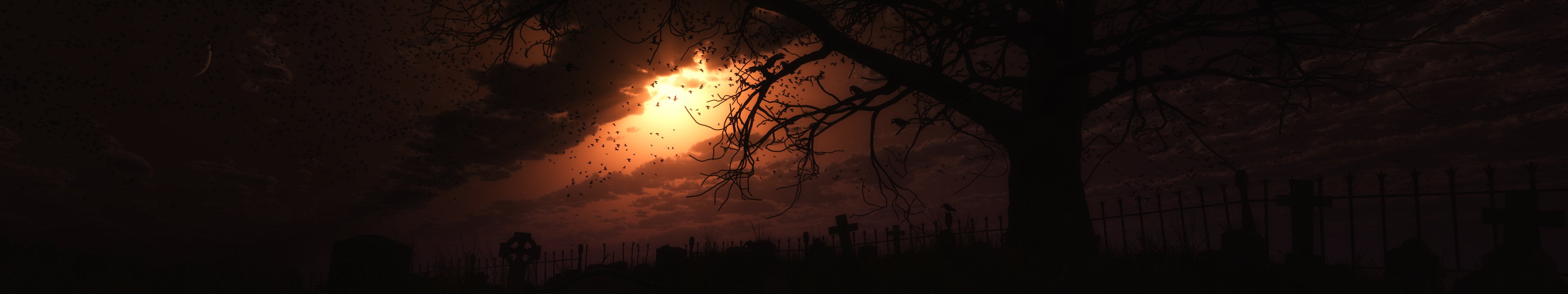 screen, triple, multi, cemetery, 5K, monitor, multiple, cimetiere, HD Wallpaper