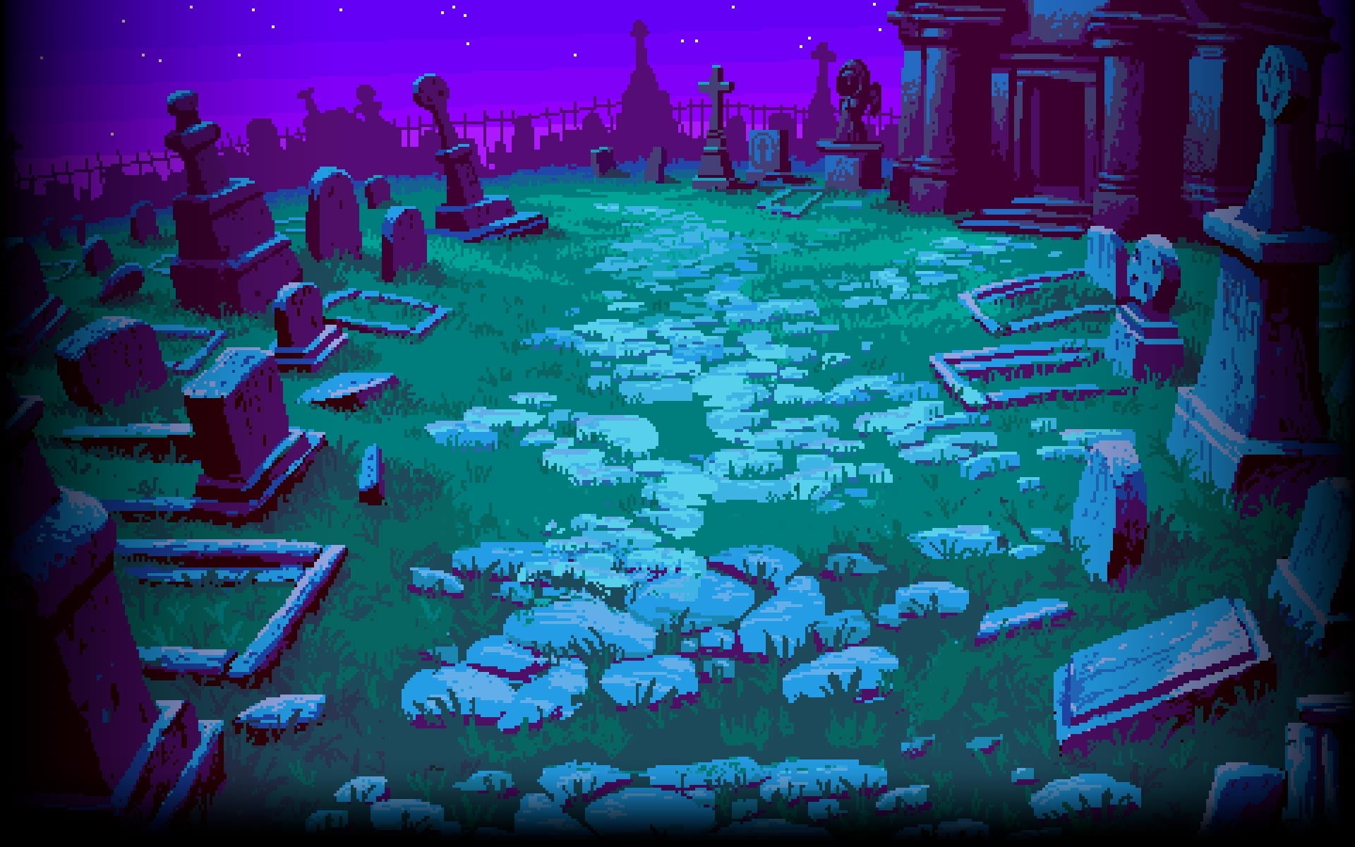 grave, spooky, cyan, Knights of Pen and Paper 2, tombstones, pixels, night, cemetery, pixel art, 1080P, stones, digital art, pixelated, HD Wallpaper