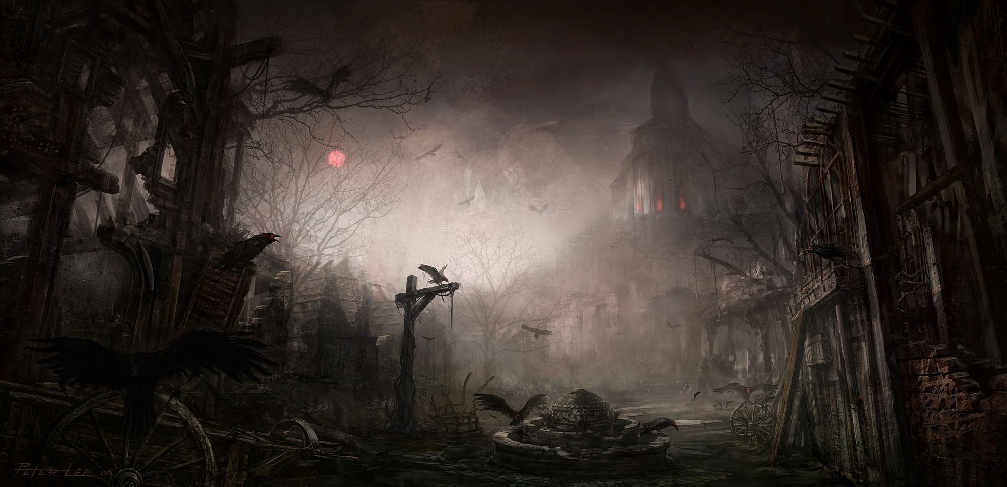 outdoors, built structure, plant, brown, no people, smoke - physical structure, horse, nature, tree, building, horror, architecture, fog, painting, sunbeam, HD Wallpaper