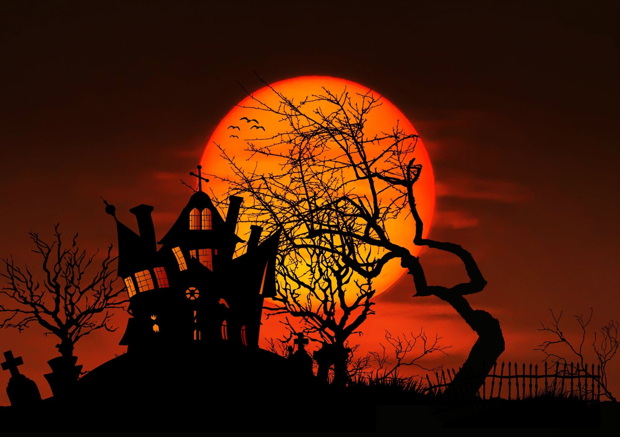 full moon, drama, aesthetic, weird, twilight, mystical, house, creepy, fence, cemetery, witchs house, illustration, gloomy, orange color, old house, 1080P, HD Wallpaper