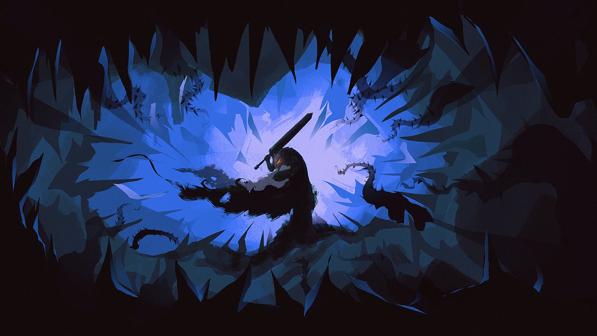 arms raised, silhouette, dancing, real people, motion, arts culture and entertainment, blue, Berserk, dark, 1080P, guts, manga, performance, HD Wallpaper