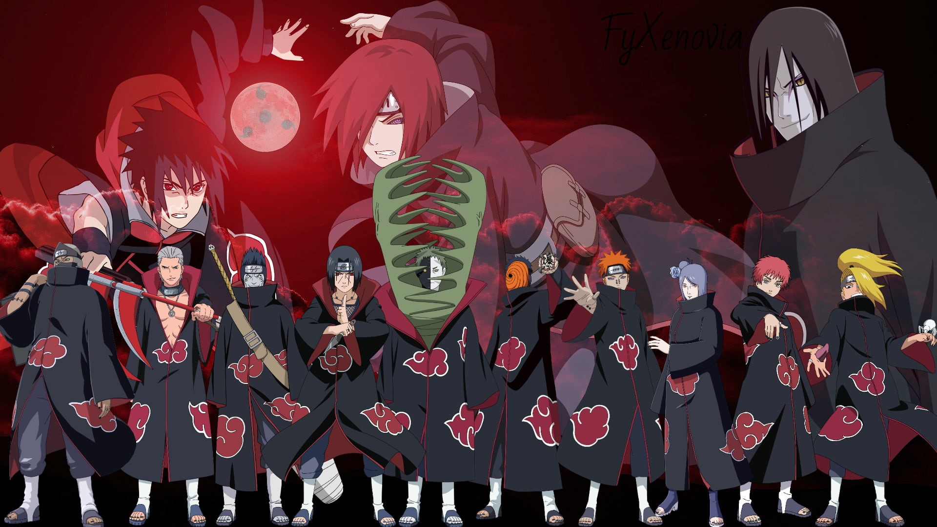 Kisame Hoshigaki, Obito Uchiha, illuminated, Deidara (Naruto), variation, Hidan (Naruto), Konan (Naruto), celebration, crowd, light, Orochimaru (Naruto), HD Wallpaper