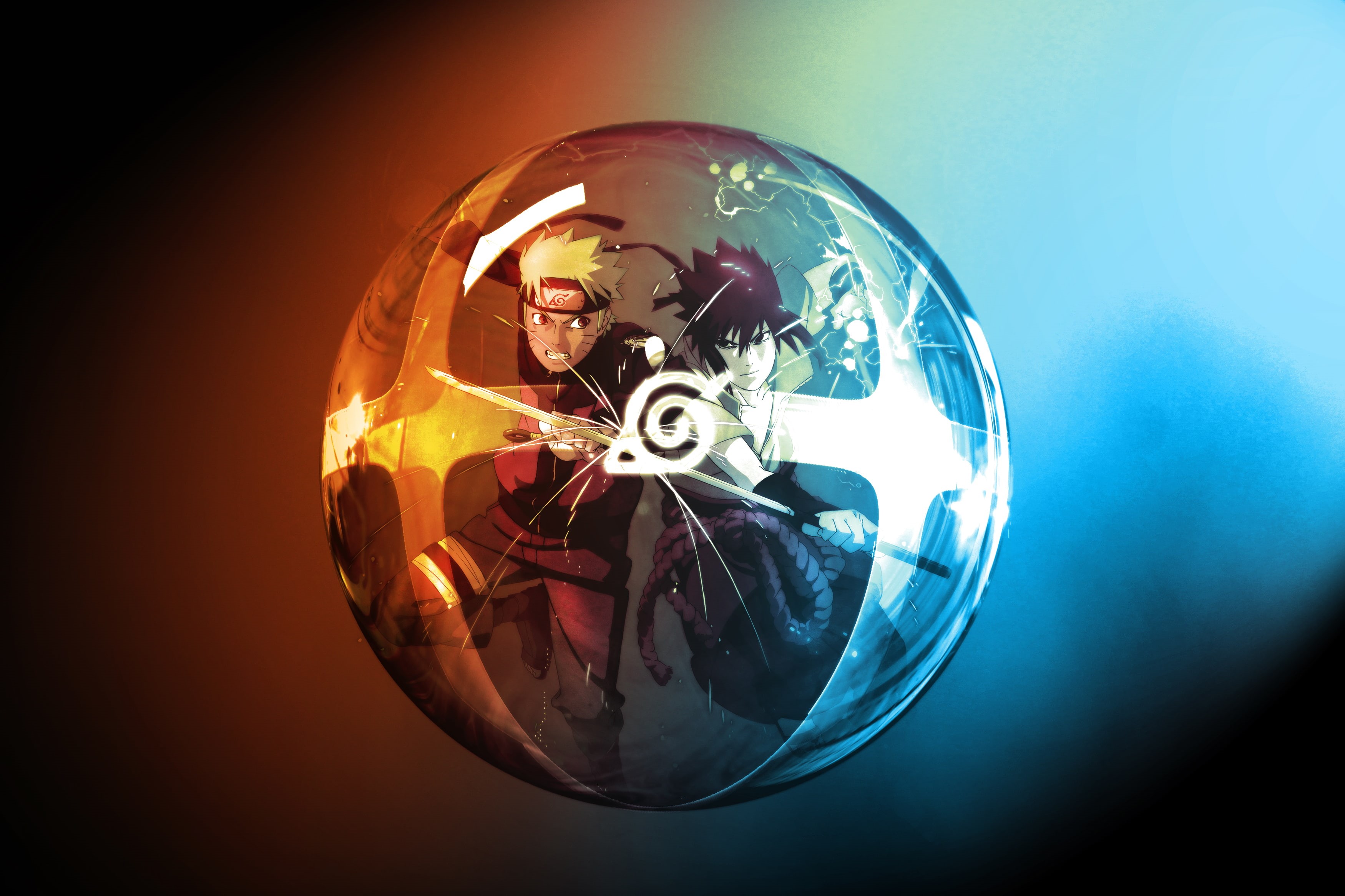 naruto, glass, blue background, globe - man made object, digital composite, sphere, blue, glowing, colored background, transparent, sasuke, glass - material, HD Wallpaper