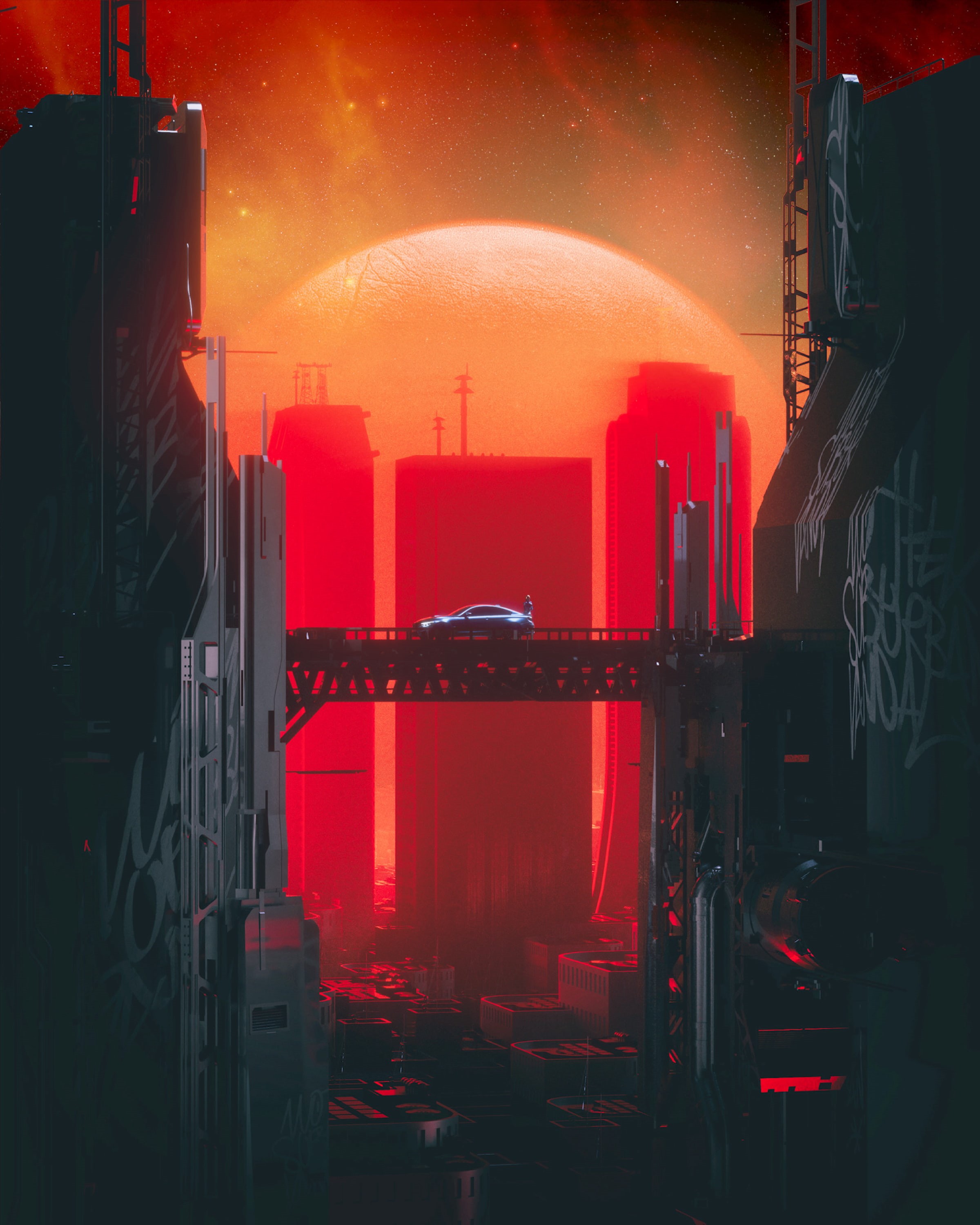 car, bridge, futurism, sci-fi, cyberpunk, 2K, city, Phone HD Wallpaper
