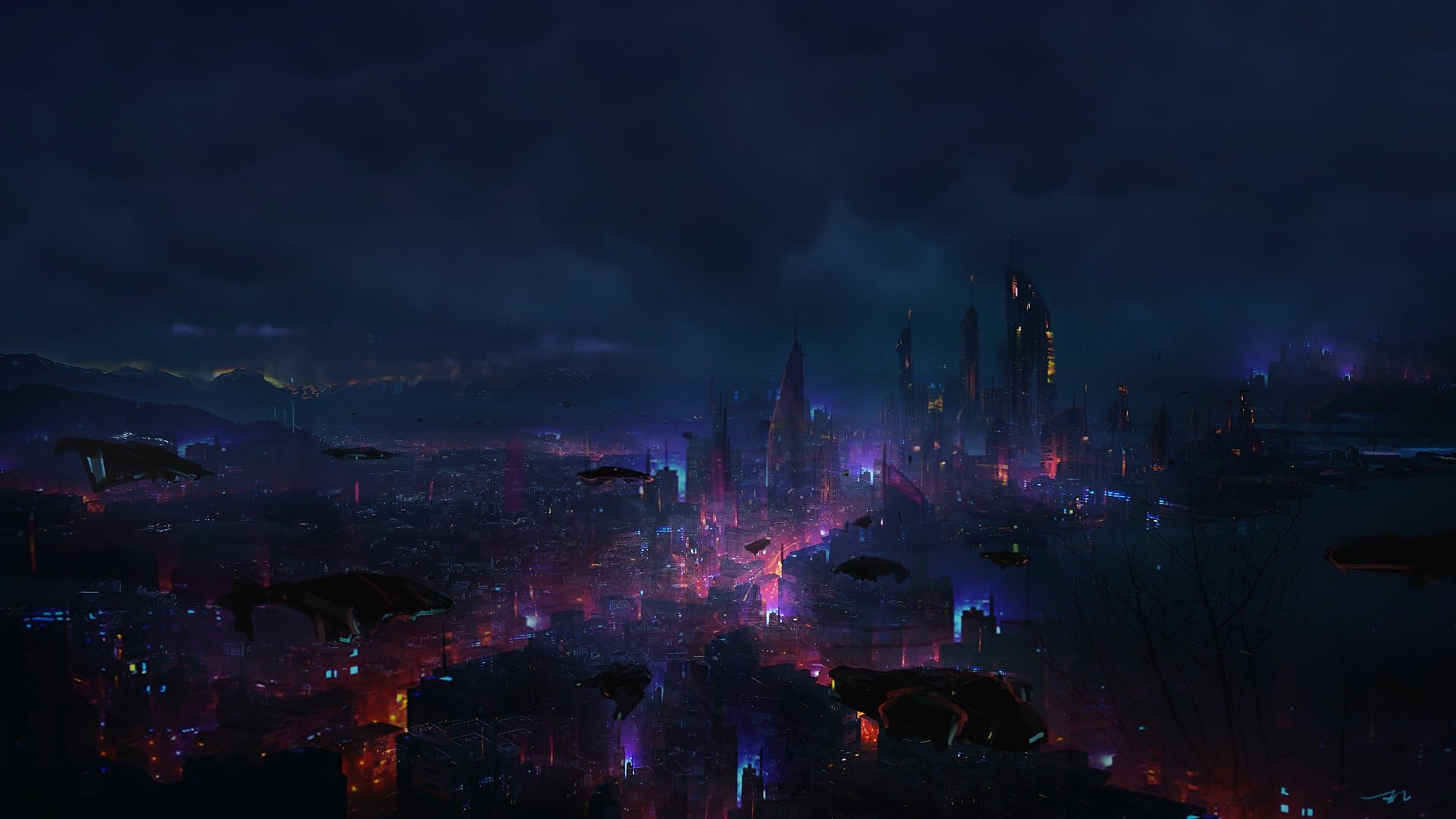 Future, Transport, Megapolis, Flying vehicles, Skyscrapers, 1080P, Machine, Machines, Eric lee, Night, by Eric lee, The city, Art, Fiction, Cyberpunk, HD Wallpaper
