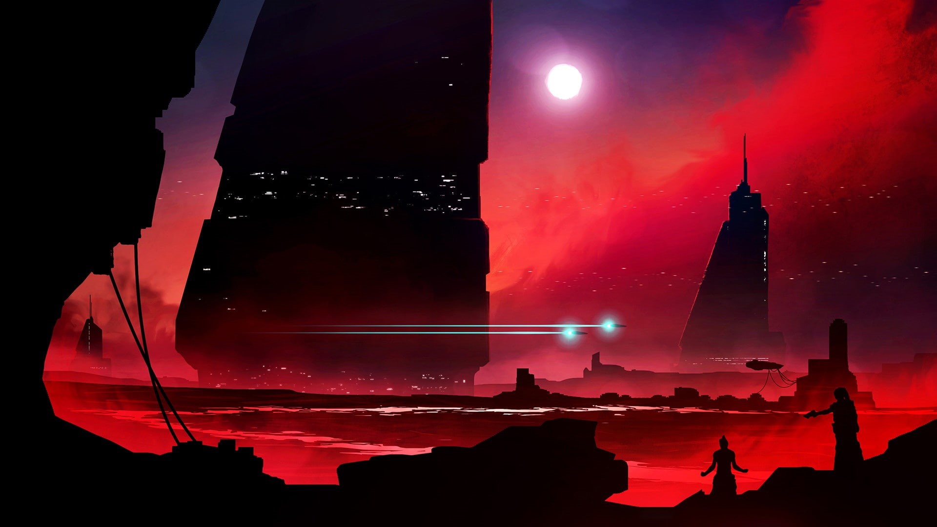 fantasy city, artwork, skis, flying vehicles, fantasy, buildings, future, lights, cityscape, 1080P, Towers, digital art, skyscrapers, futuristic landscape, HD Wallpaper