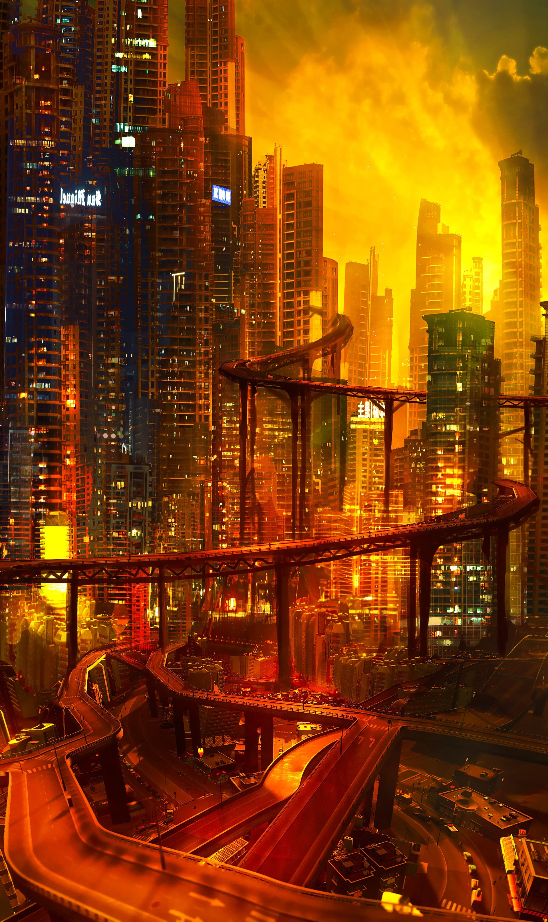 future, night, city, cyberpunk, architecture, lights, 2K, road junction, Phone HD Wallpaper