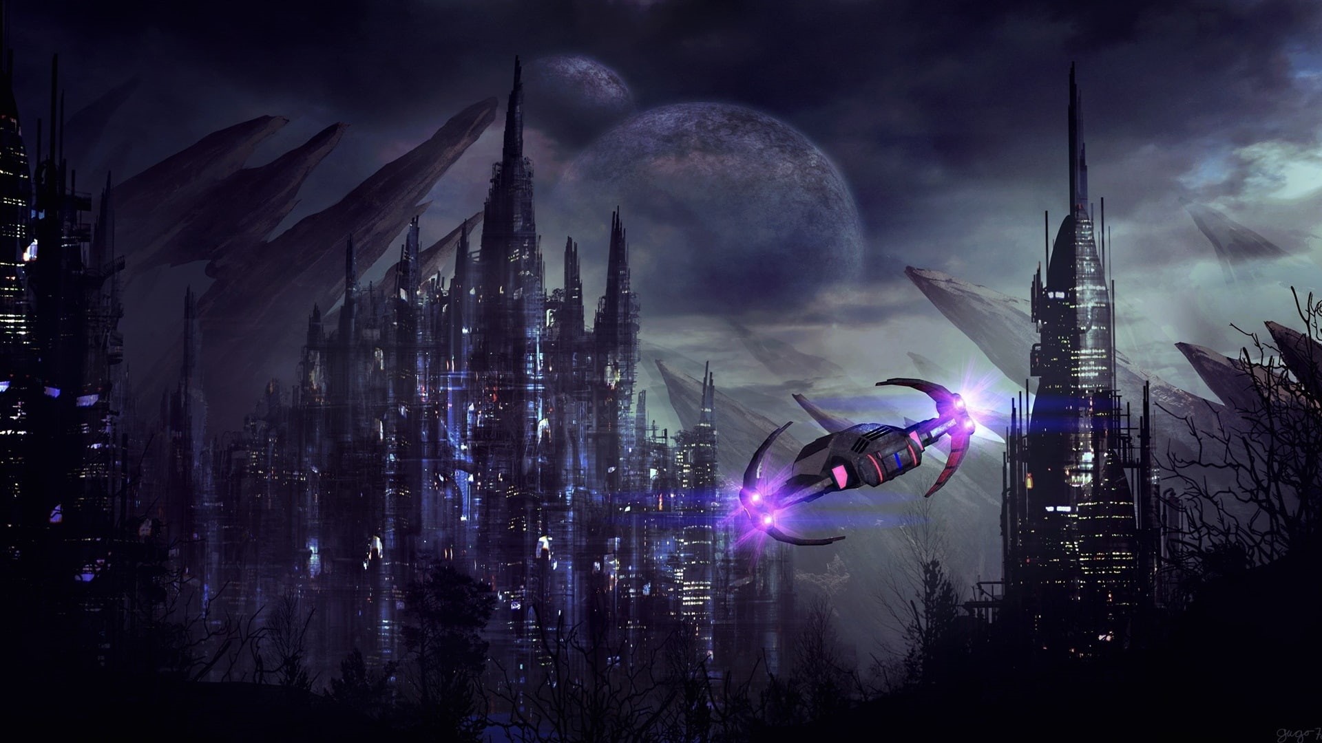 black, Metropolis, Planet, near, 1080P, Lights, City, space, purple, castle, Future, Ship, HD Wallpaper