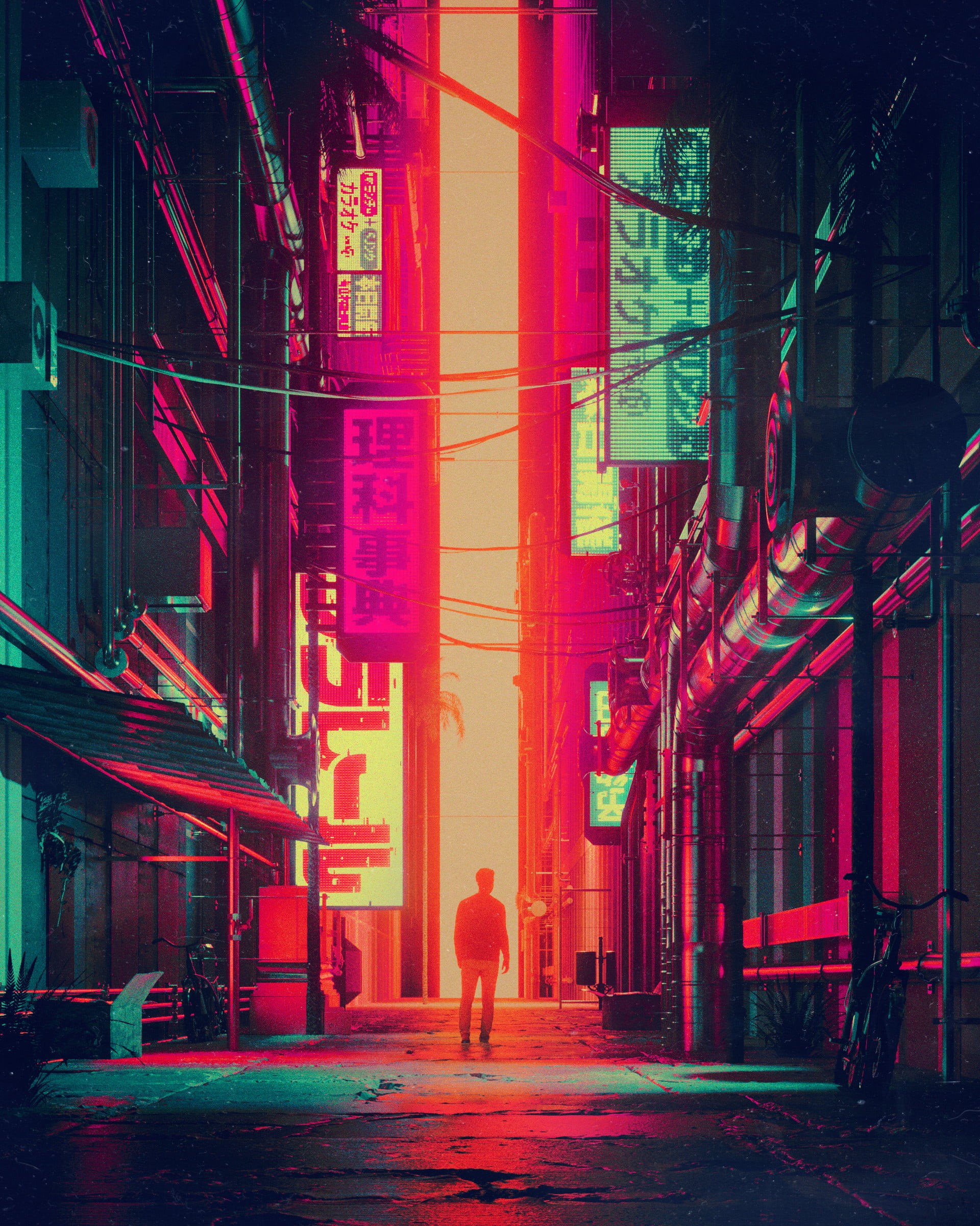 lifestyles, rear view, art, real people, one person, full length, red, built structure, 1080P, standing, illuminated, adult, man, street, silhouette, Phone HD Wallpaper