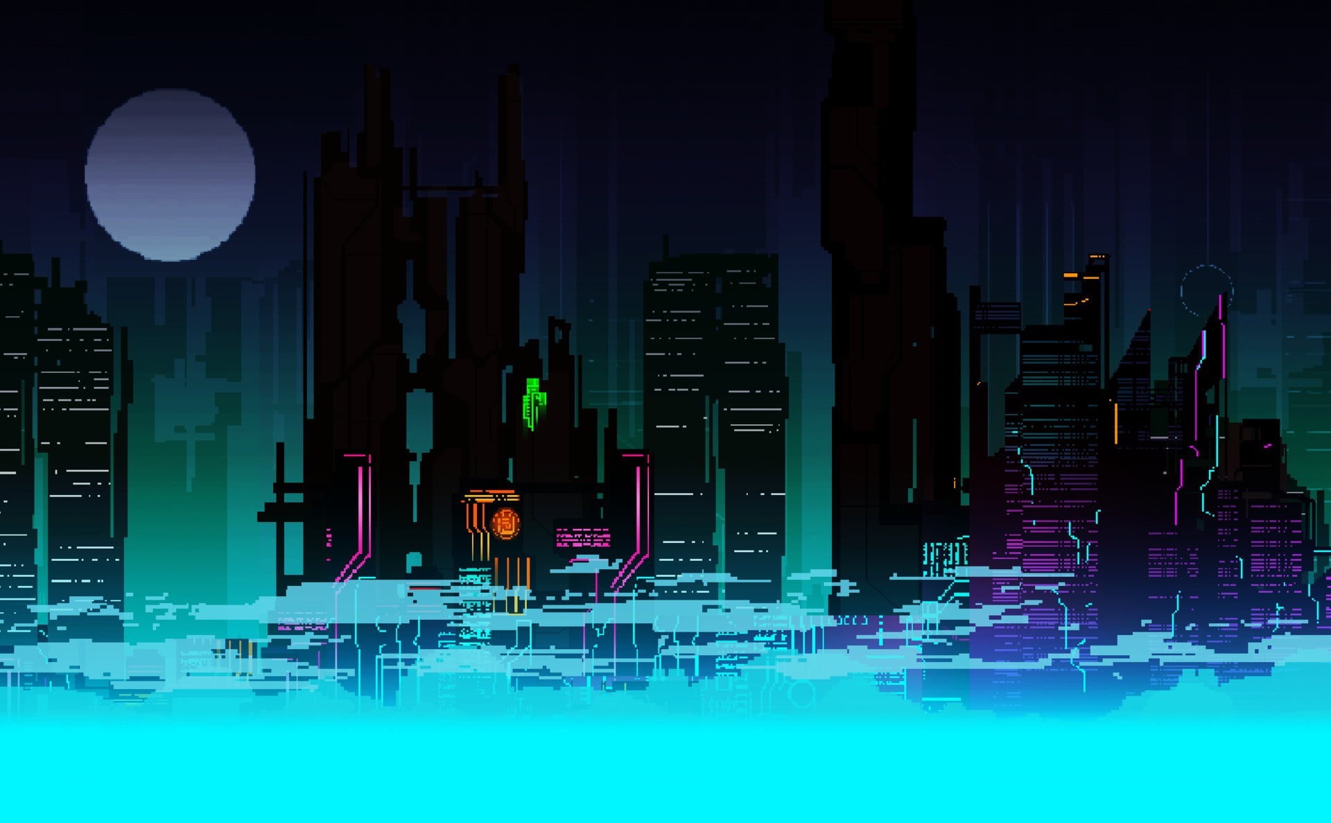 The city, 8Bit, The moon, Skyscrapers, 1080P, Future, Pixels, HD Wallpaper