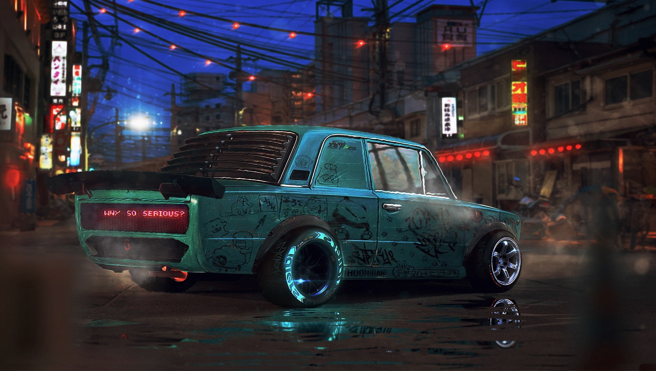 digital art, science fiction, 1080P, fantasy art, car, city, vehicle, reflection, futuristic, HD Wallpaper