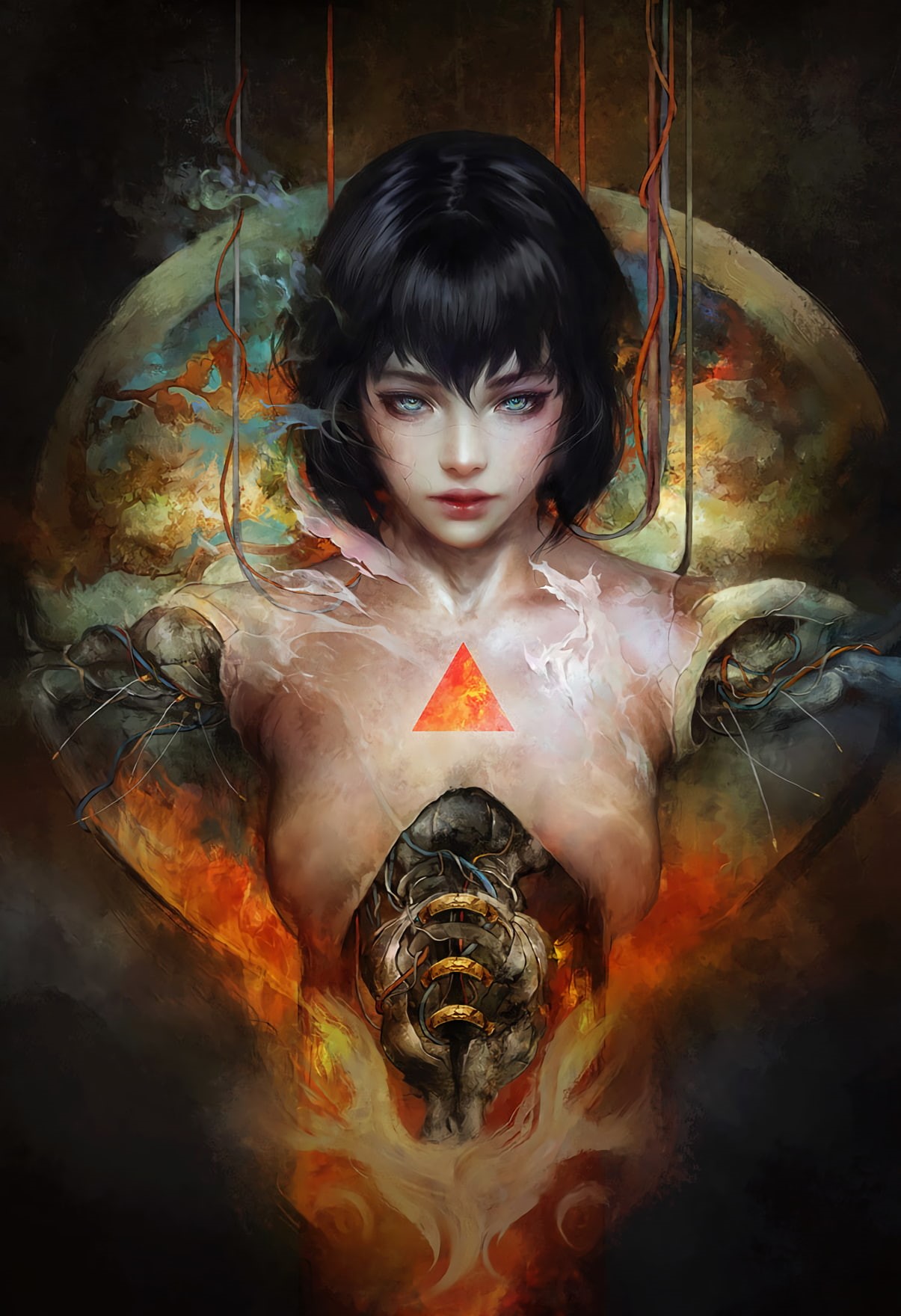 Motoko Kusanagi, artwork, Ghost in the Shell, 720P, Kusanagi Motoko, portrait display, brunette, Ghost in the Shell (Movie), looking at viewer, portrait, Phone HD Wallpaper