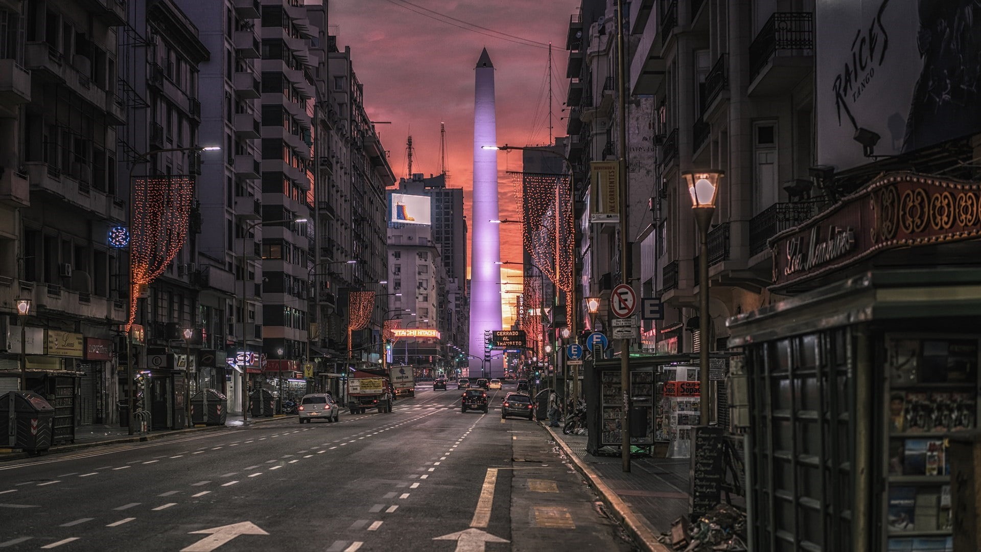 land vehicle, evening, residential district, no people, obelisco, skyscraper, illuminated, building, direction, building exterior, night, street, motor vehicle, HD Wallpaper