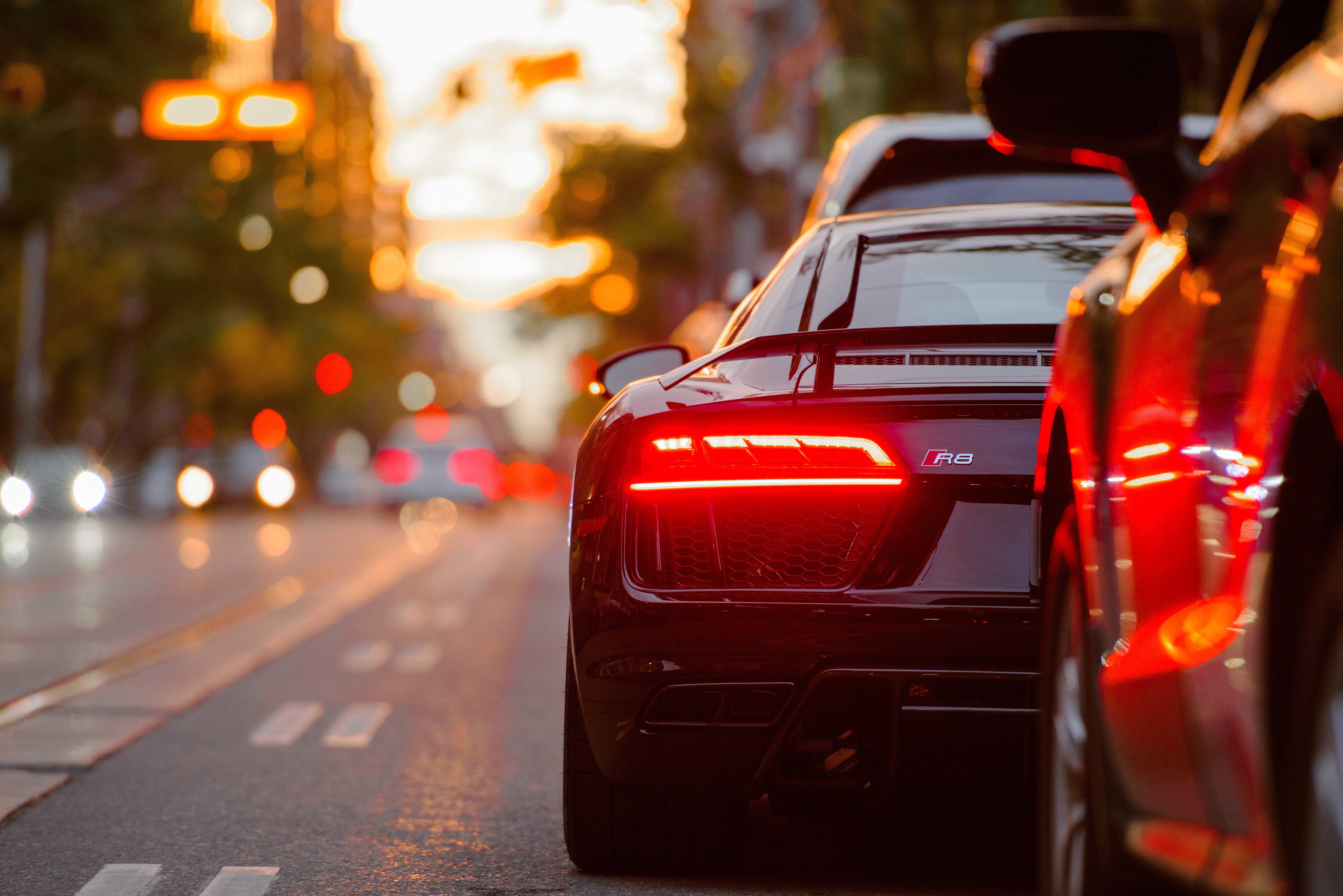 r8, editorial, speed, shiny, sports car, motor vehicle, Audi R8, black, road, outdoors, urban Scene, lighting Equipment, transportation, modern, Canada, HD Wallpaper