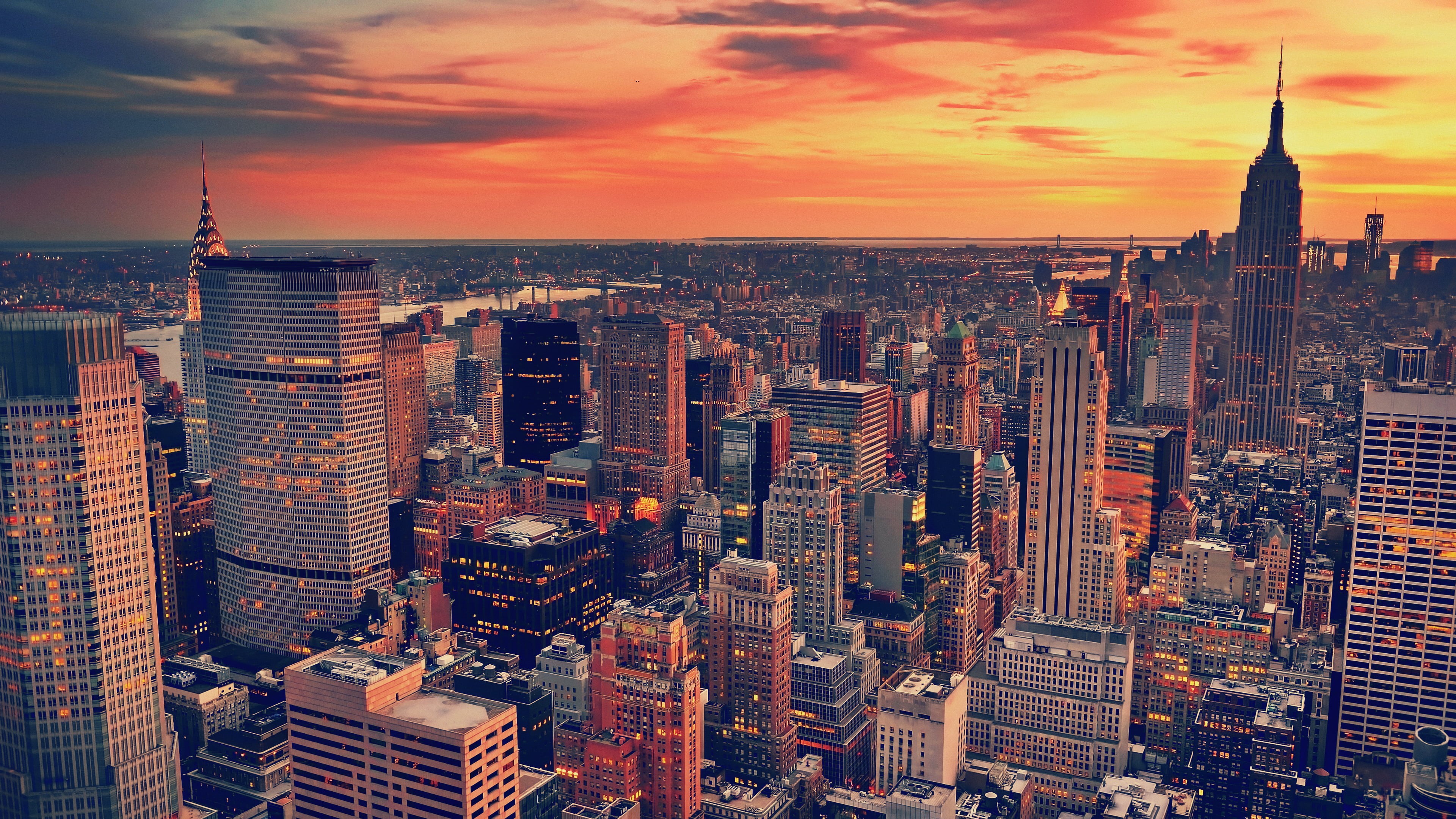 illuminated, office building exterior, modern, aerial View, nature, city Life, dusk, manhattan - New York City, tall - High, outdoors, uSA, crowd, financial District, HD Wallpaper