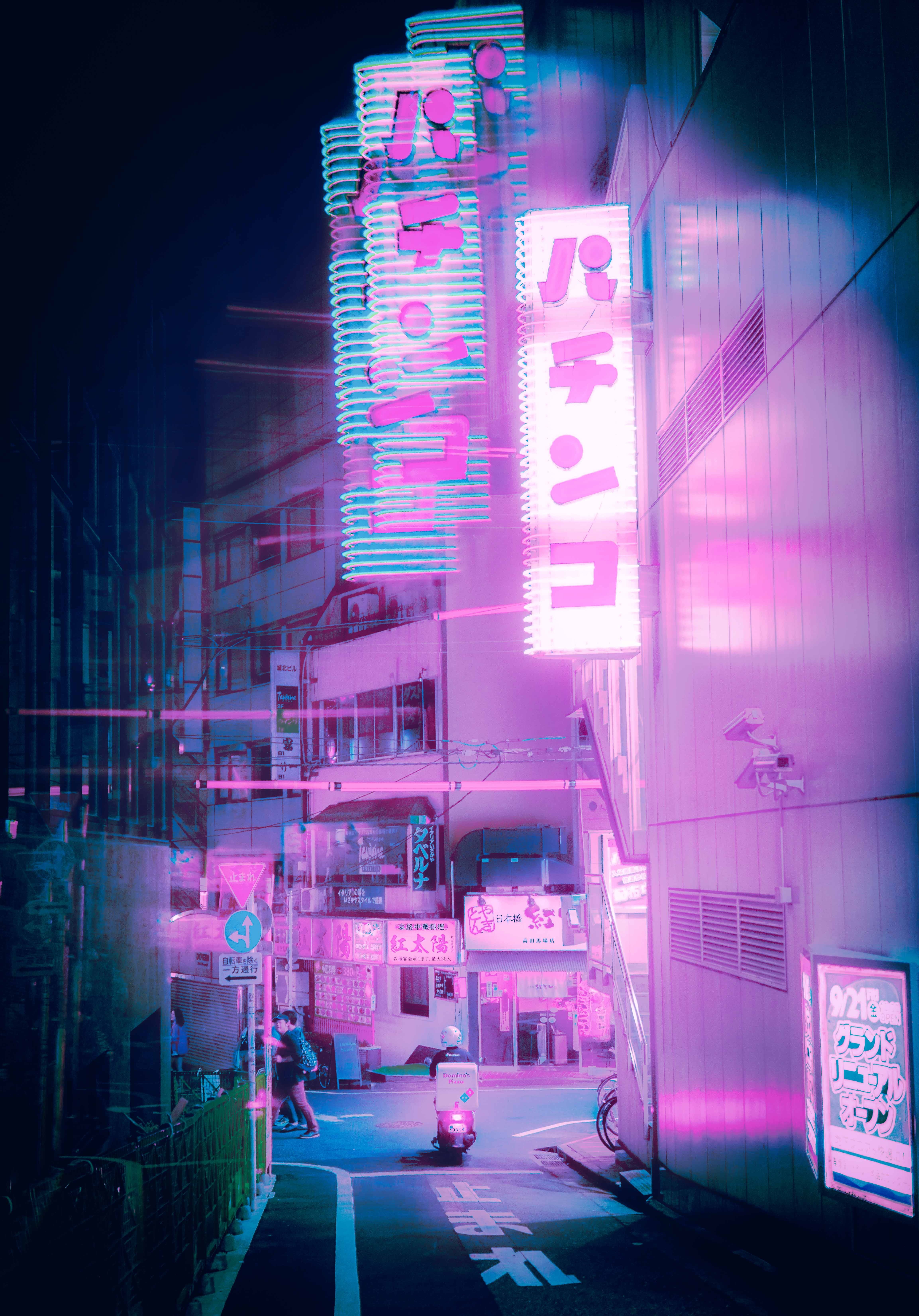 building Exterior, car, japan, anime, dark, lighting Equipment, neon, urban, business, 5K, vaporwave, sign, cyberpunk, traffic, transportation, city Life, Phone HD Wallpaper