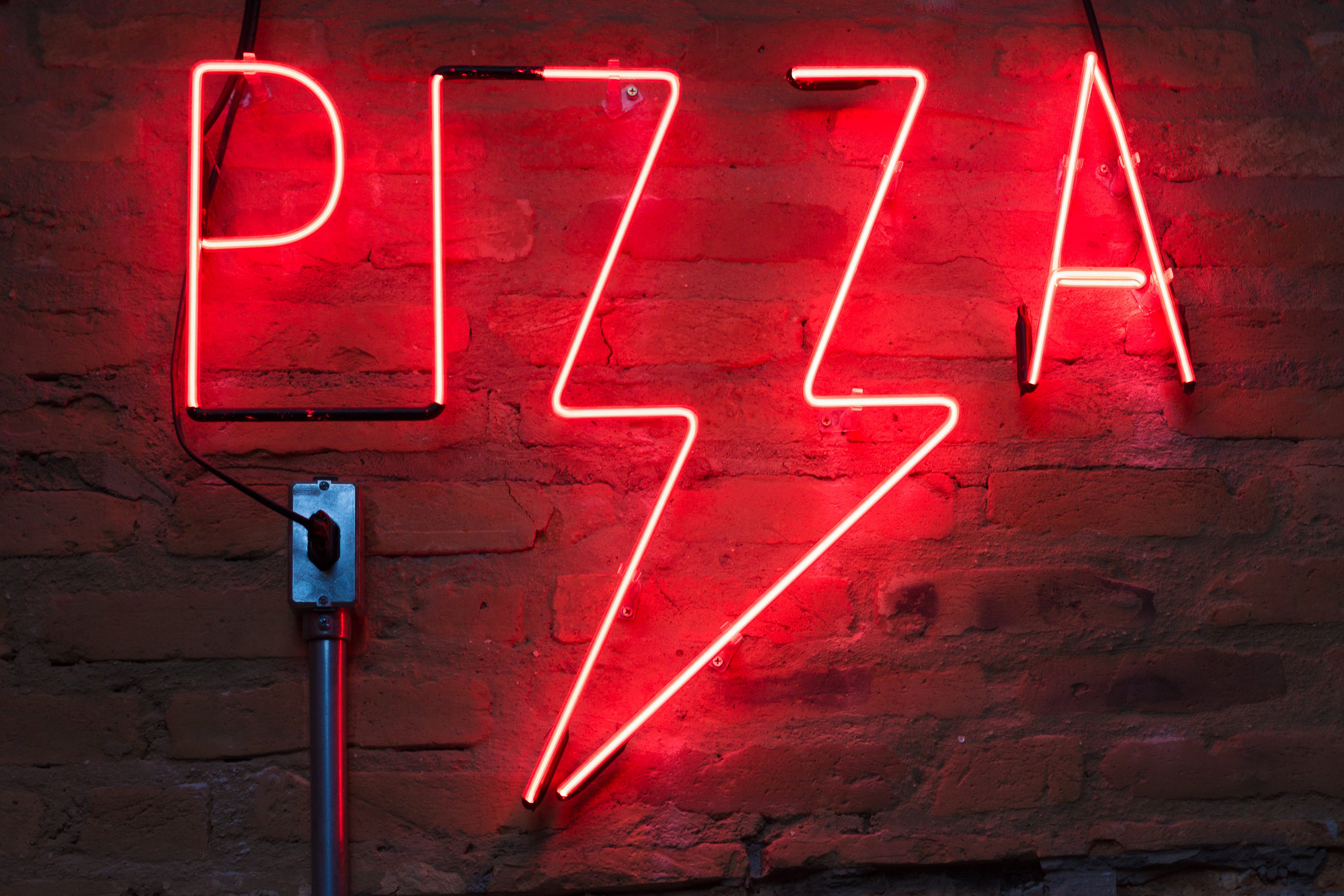 no people, neon lights, lights, pizza, light, city, communication, dark, sign, signage, inside, brick wall, 4K, lighting equipment, guidance, night, led, HD Wallpaper